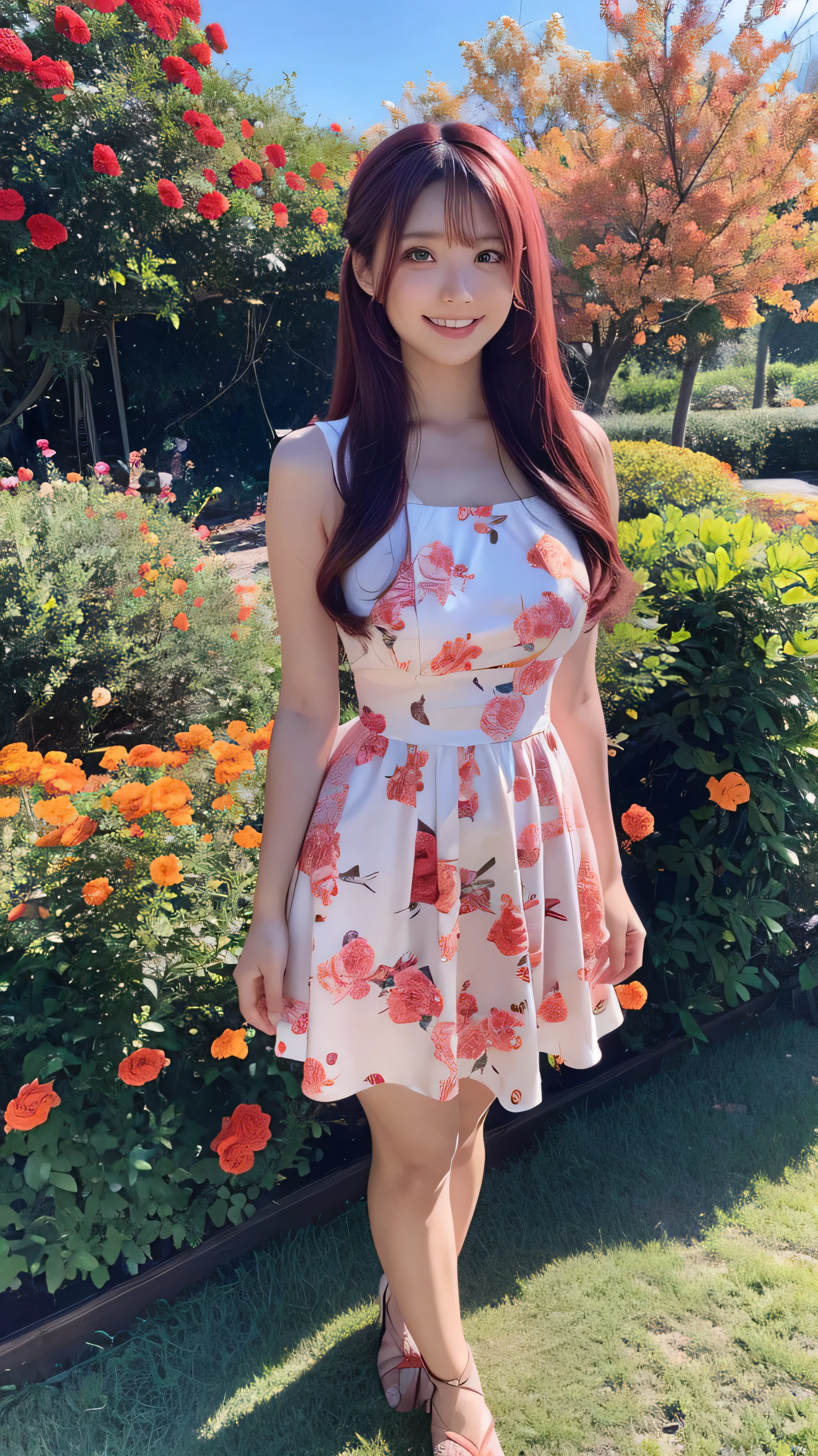  in high definition，Pink floral dress,  hair band,  maroon hair in the garden,  Kiri Reina female, 顔の Details, Beautiful appearance,  long hair, Standing with a smile and looking at the camera , Emotionless,  Details, Full body high definition image, （Surrounded by orange flowers on a hill with a view of the city ）、 surrounded by red roses。