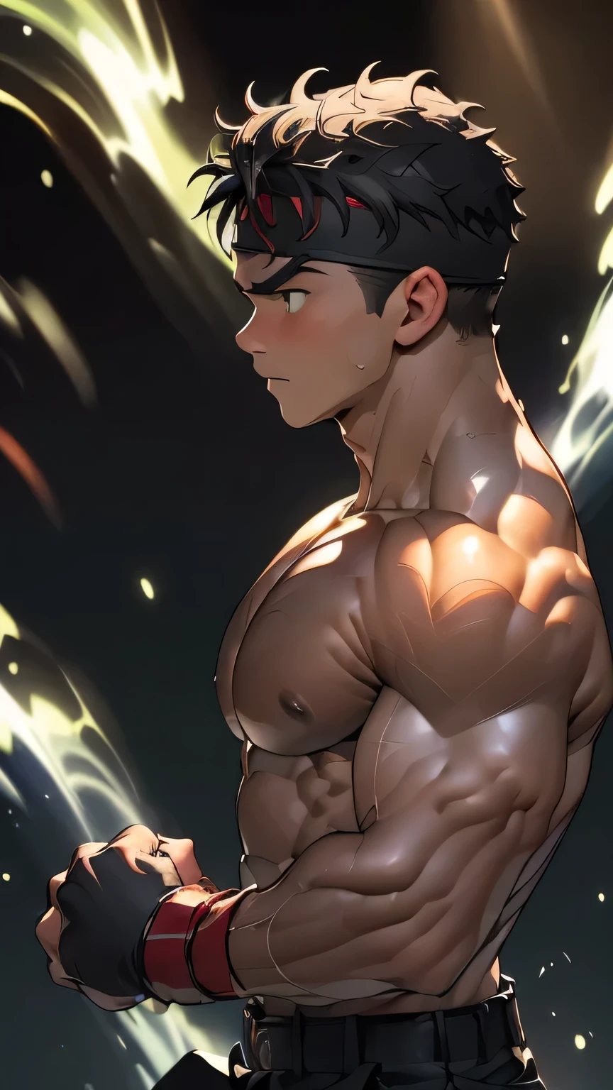 ((masterpiece, best quality, stalwart, (Depth of field:1.2))), (((((black background, deep night, upper body, side shot))))), (worm green eyes, Young boy, muscler, Shirtless, topless), ((((1boy, solo1.2, flesh, tough, reliable, developed body)))), (Dark Short straight hair, green eyes, ((almost completely shaved hair)), under cut), (((red headband, black wristband, black trouser, belt, boots, gladiator style, fighting stance))), Vivid colors, ((big breast, big abs, big shoulder, muscular body, sturdy body, defined round and fleshy pecs, defined round and fleshy ABS, defined round and fleshy armsmuscular, well-defined muscles, toned body, shouldermuscler)), muscler!, muscler body, detailed face, detailed muscle, (((rippling muscles, Flowing energy, wearing wind to emphasize the power of his aura. Highlight his aura, wearing energy stream, charge aura energy his right arm, ((rushpunch:1.2, motion blur)))))