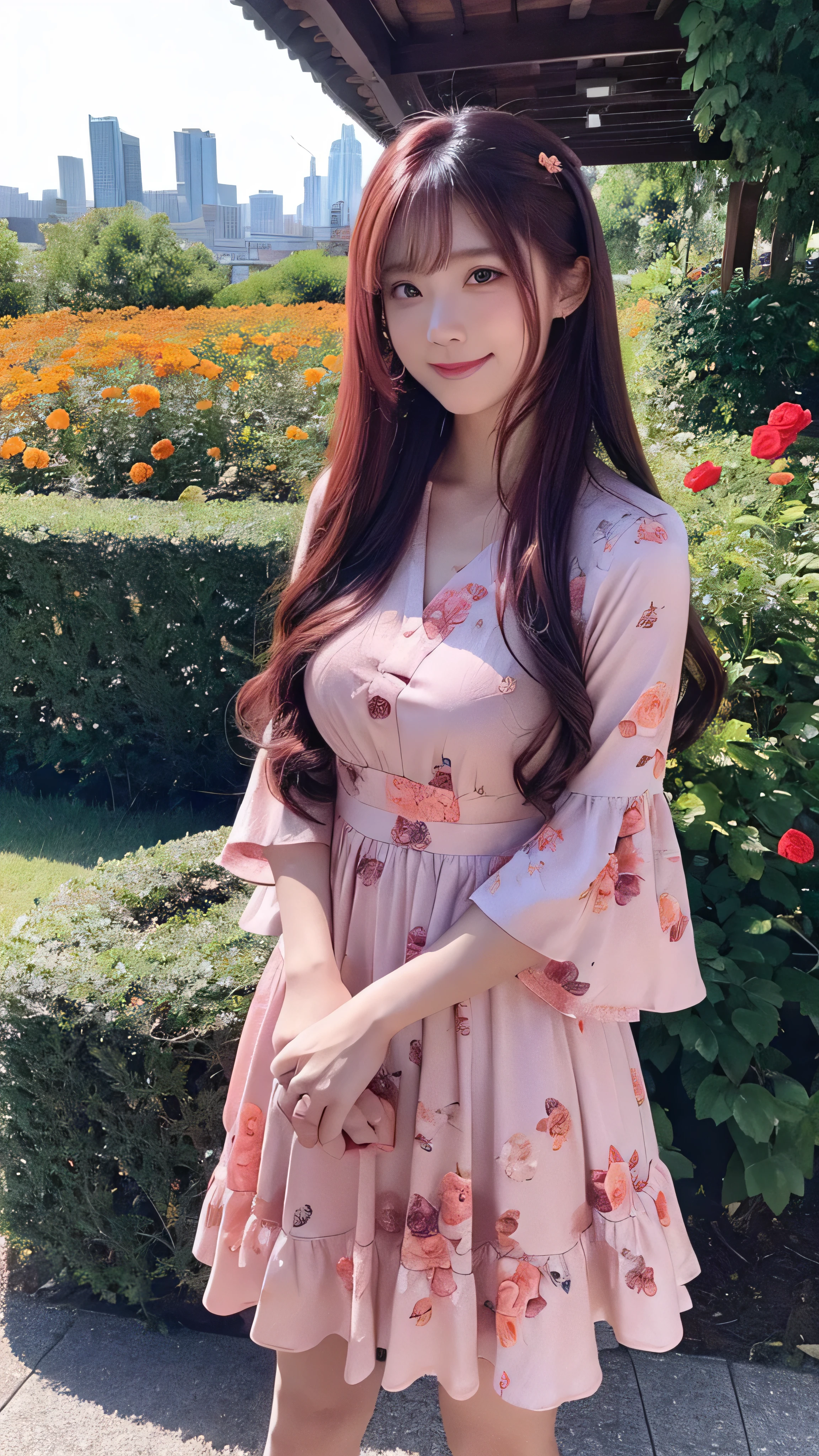 in high definition,Pink floral dress, hair band, maroon hair in the garden, Kiri Reina female, 顔の Details, Beautiful appearance, long hair, Standing with a smile and looking at the camera , Emotionless, Details, Full body high definition image, (Surrounded by orange flowers on a hill with a view of the city )、 surrounded by red roses。