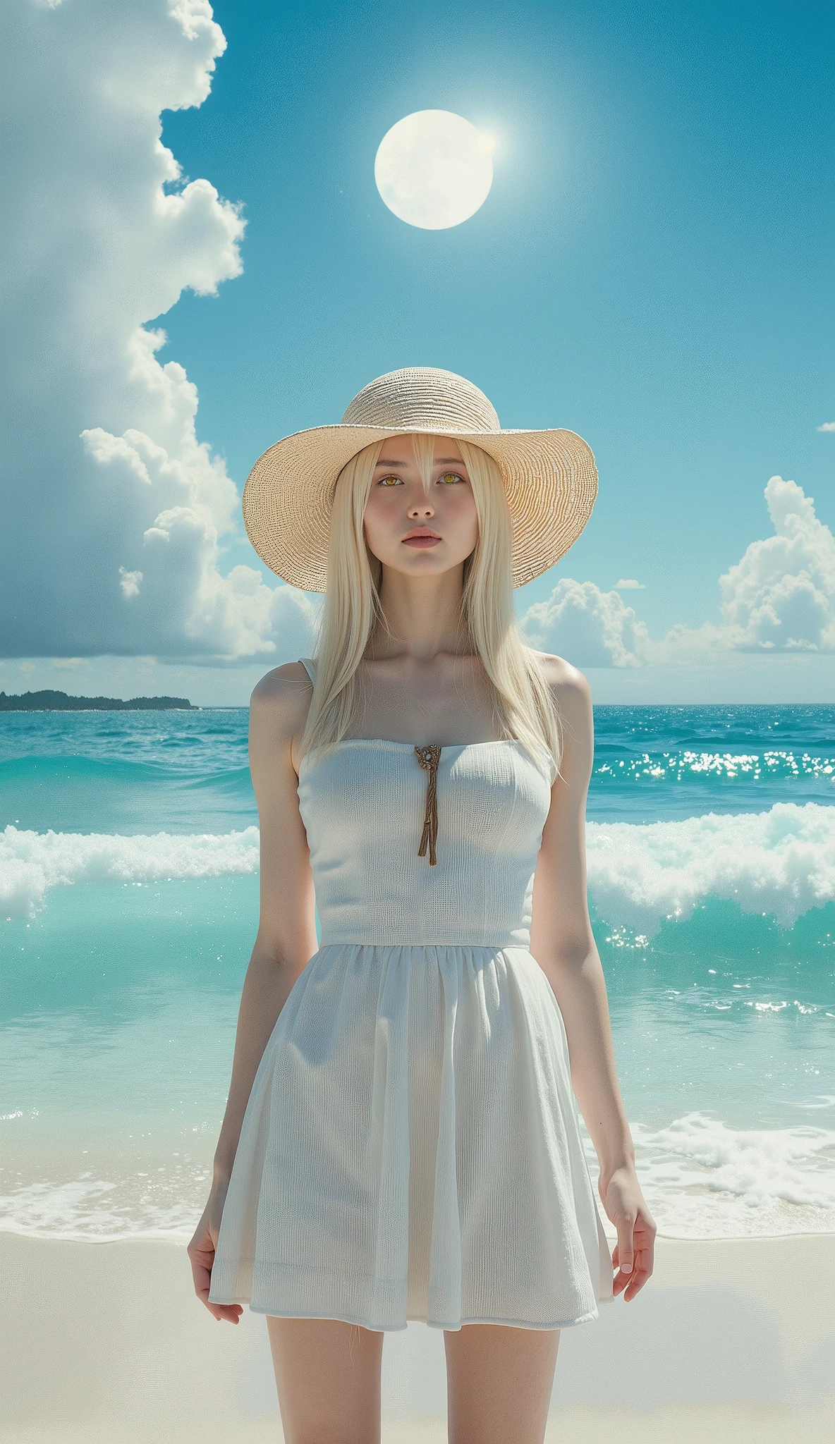  moon, flare ghost phenomenon , (((smileと日差し)))、(((smile)))、  bright color:1.7、  LOSING PASTEL COLORS :1.7、(  top quality 、Masterpiece、  very detailed、  one girl 、 girl wearing a straw hat, Stylish straw hat, ((非常に  cute face)) , ((  long hair )), Long white hair, Very long straight hair  , Short bangs, Albino white skin, Yellow Eye , The real feel of a woman ,  cute face、 Silky Short Blonde 、 knees、  Gothic Fashion 、  very detailed目、  cute face、  bright color:1.7、  LOSING PASTEL COLORS :1.7,Southern Island,  white sand beach with the sea in the background, Blue sky and sea, Beautiful cumulonimbus clouds, Sunny Beach 、