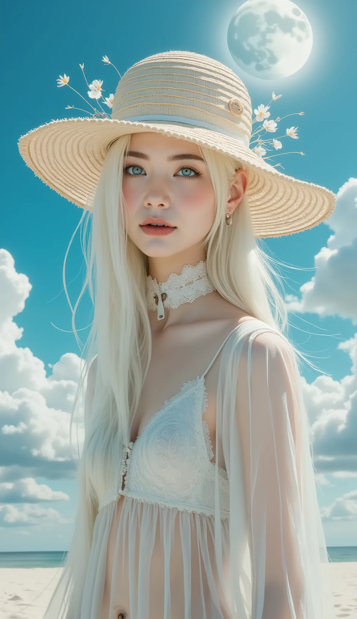 moon, flare ghost phenomenon , (((smileと日差し)))、(((smile)))、 bright color:1.7、 LOSING PASTEL COLORS :1.7、( top quality 、Masterpiece、 very detailed、 one girl 、 girl wearing a straw hat, Stylish straw hat, ((非常に cute face)) , (( long hair )), Long white hair, Very long straight hair , Short bangs, Albino white skin, Yellow Eye , The real feel of a woman , cute face、 Silky Short Blonde 、 knees、 Gothic Fashion 、 very detailed目、 cute face、 bright color:1.7、 LOSING PASTEL COLORS :1.7,Southern Island, white sand beach with the sea in the background, Blue sky and sea, Beautiful cumulonimbus clouds, Sunny Beach 、