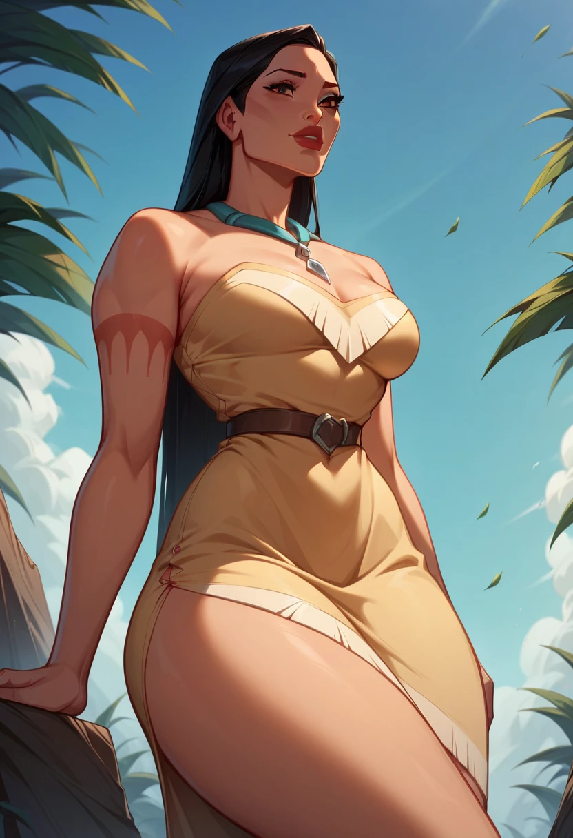 , extreme tanned skin, extreme long black straight hair messes over naked boobs, huge macaw blue parrot feather headdress, big cheeks, long legs, honey eyes