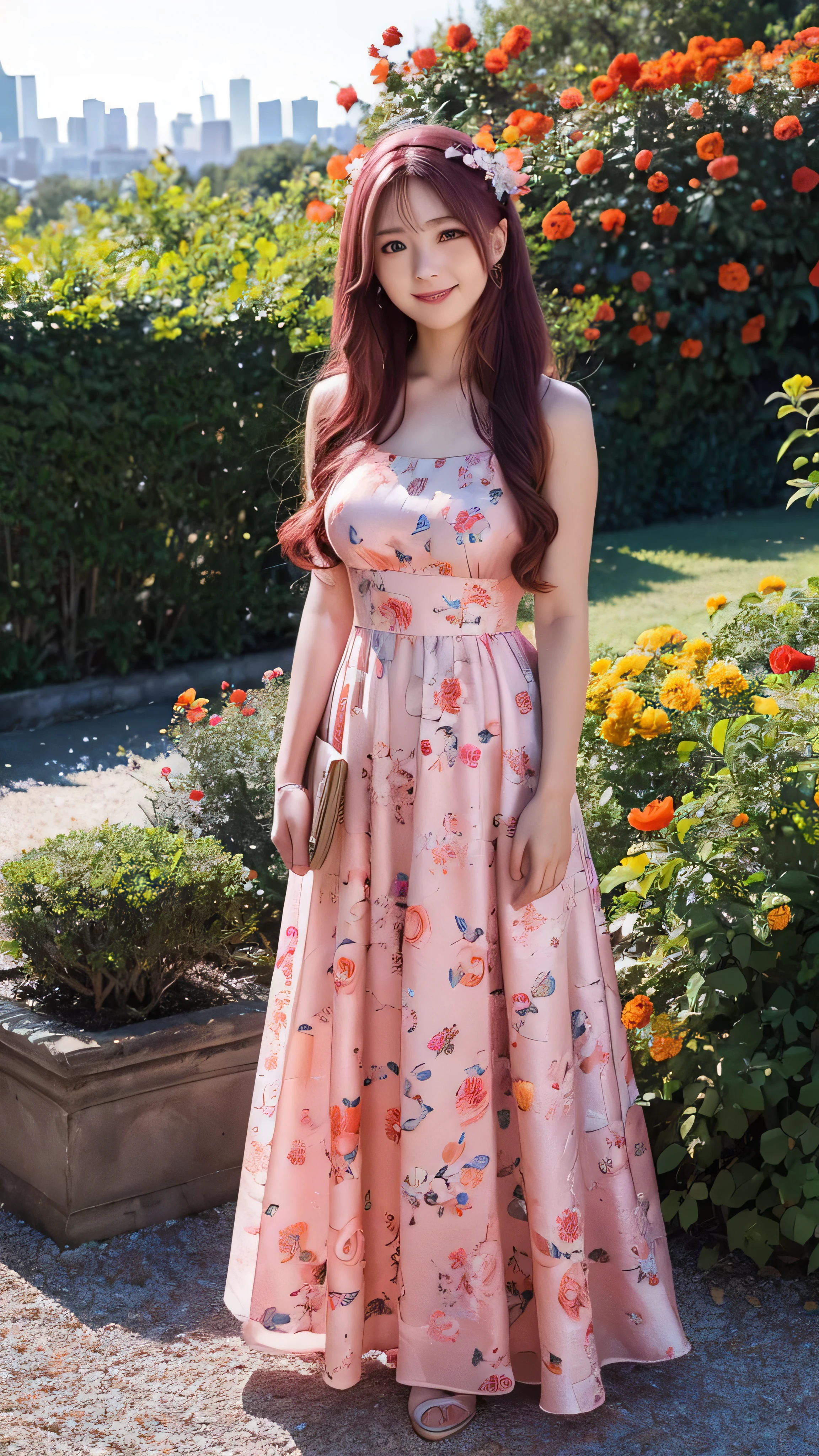 in high definition,Pink floral dress, hair band, maroon hair in the garden, Kiri Reina female, 顔の Details, Beautiful appearance, long hair, Standing with a smile and looking at the camera , Emotionless, Details, Full body high definition image, (Surrounded by orange flowers on a hill with a view of the city )、 surrounded by red roses。