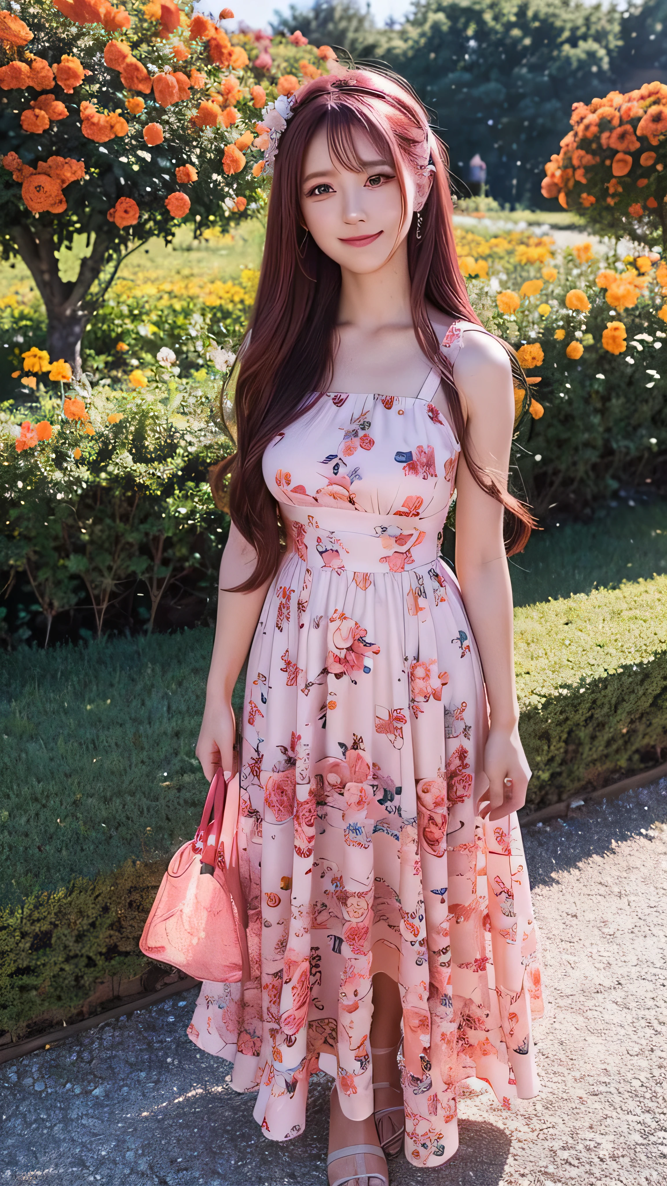 in high definition,Pink floral dress, hair band, maroon hair in the garden, Kiri Reina female, 顔の Details, Beautiful appearance, long hair, Standing with a smile and looking at the camera , Emotionless, Details, Full body high definition image, (Surrounded by orange flowers on a hill with a view of the city )、 surrounded by red roses。