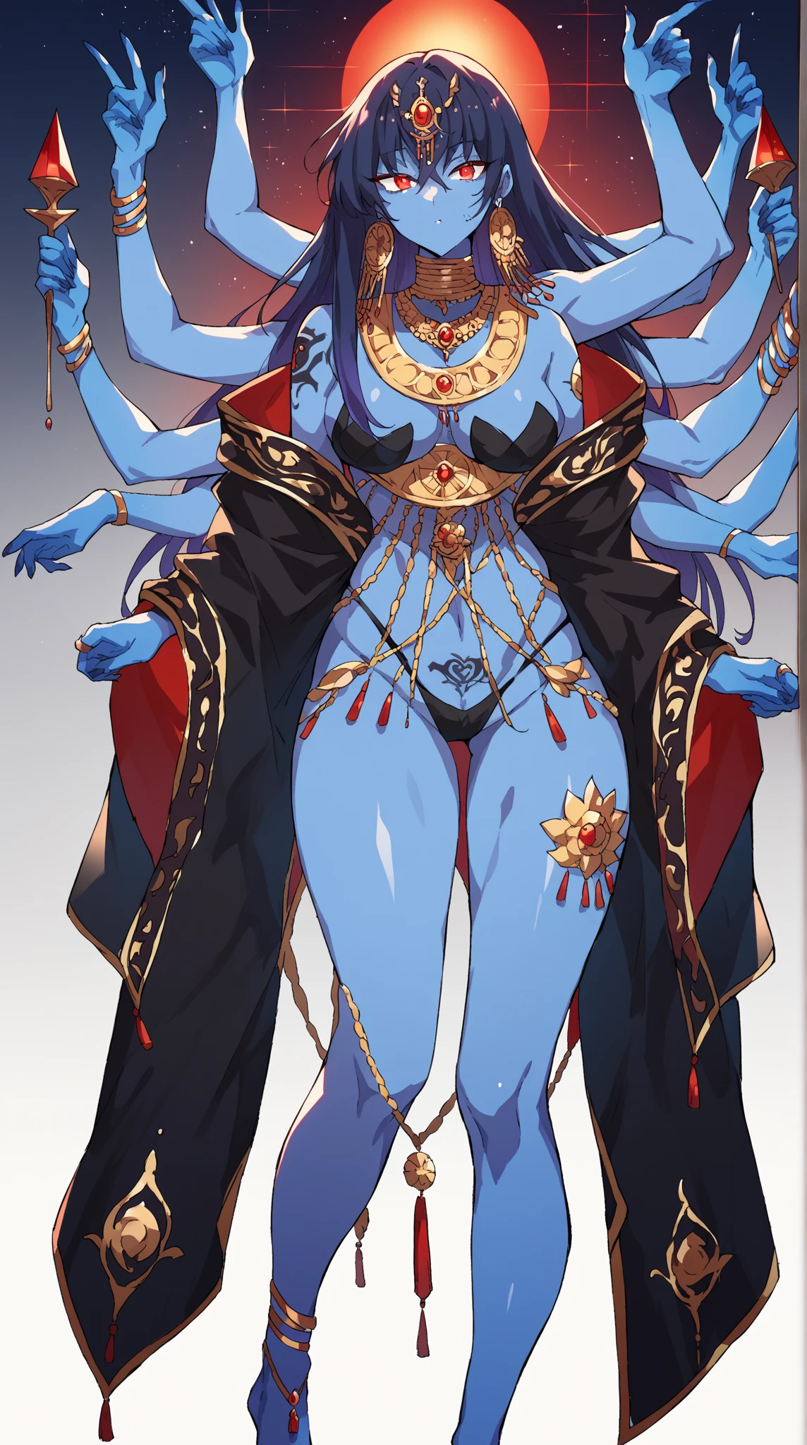 Busty female reptile, Covered with shiny blue scales. golden dragon horn,Wearing a smooth and simple golden sexy bikini robe. . .，Holding a long staff，Posture straight，Full body portrait，Expression smile，Large Breasts，Pure white background，Very Very Intricate Uterus Tattoo,