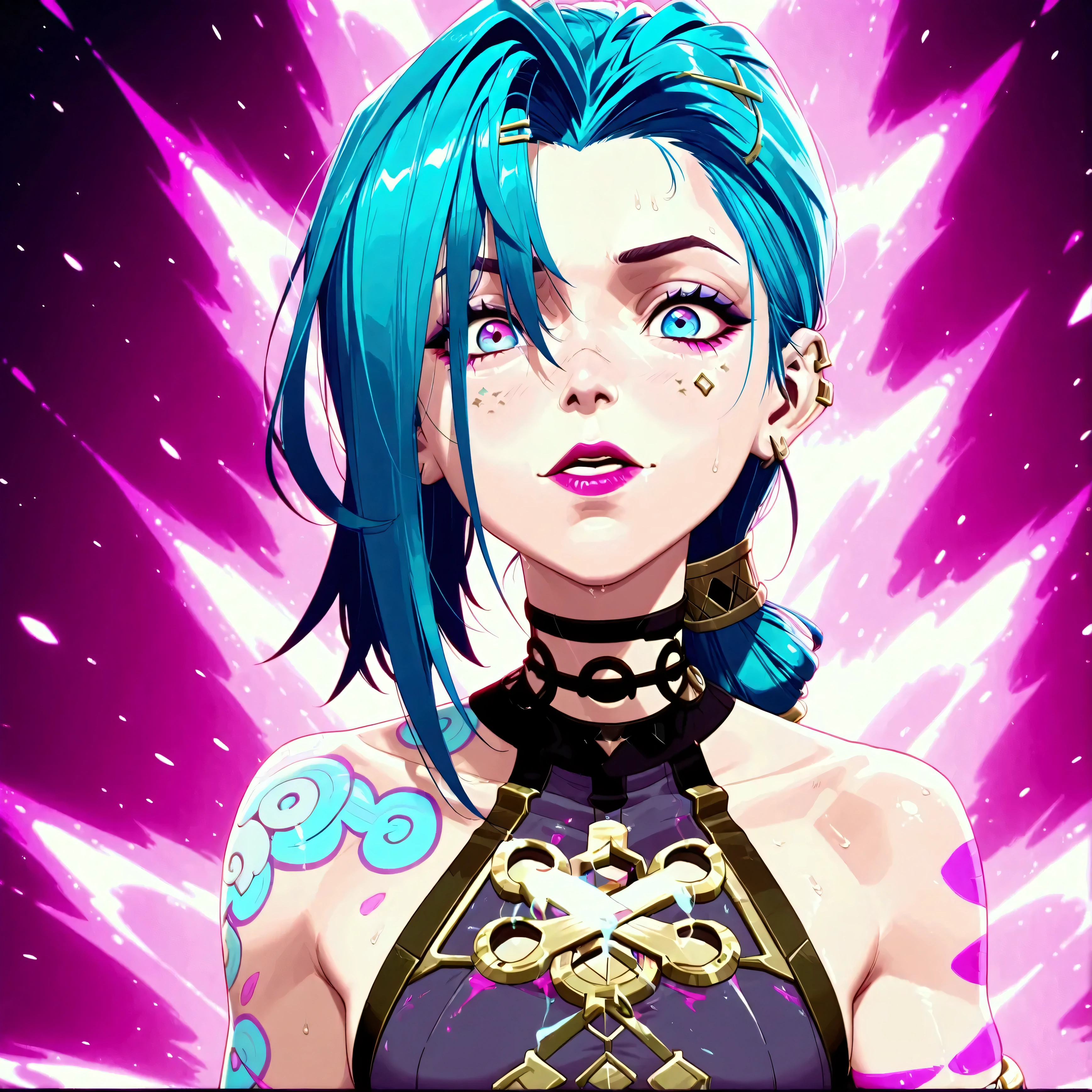 Créez une description créative et ludique d'un personnage inspiré du concept de « Nude Jinx » d'Arcane, une représentation sexy et séduisante tout en mettant l'accent sur ses traits de personnalité, her style and the way she interacts with the world around her . Emphasize her playful nature , her vibrant energy and her unique fashion sense in a light and artistic way.. Make sure the description highlights its role in the story with explicit content.