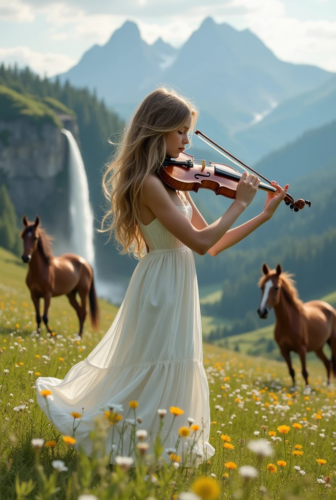 Create a picture of a  skinny girl wearing a white sundress with dirty blonde hair with more brown and blonde lowlights, she is playing the violin but you can’t see her face because she’s turning her head towards the horses in the background, she is in a gorgeous meadow with flowers covering the grass and mountains in the distance and waterfall