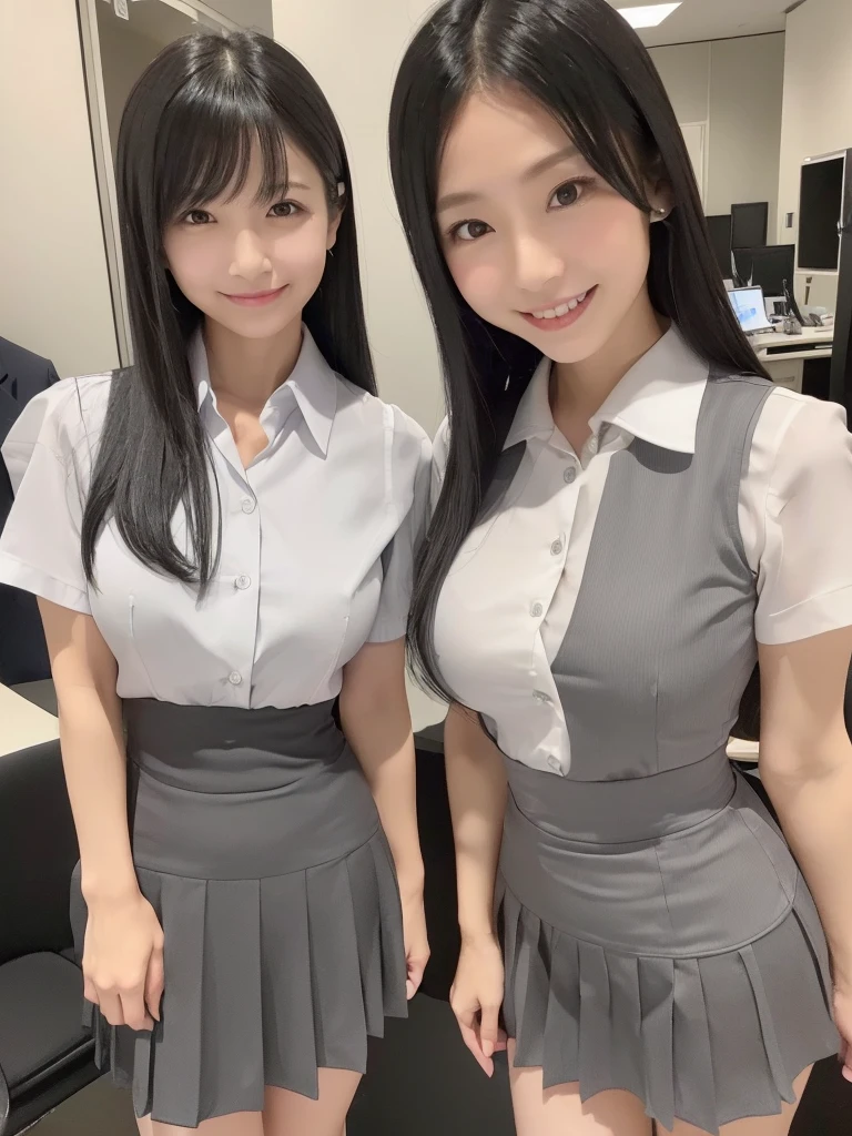 ((Highest quality, 8k, Masterpiece Details, Ultra-high resolution)), (Looking at the audience), (Full Shot:), 魅力的なビジネス 5-peopleの熟女, 5-people, Slender:0.25, A white, sleeveless, see-through, tight shirt with buttons on the collar and chest., Grey tight skirt, (sitting at a desk in an office), smile, CEO's Office,Big Breasts、Erect nipples