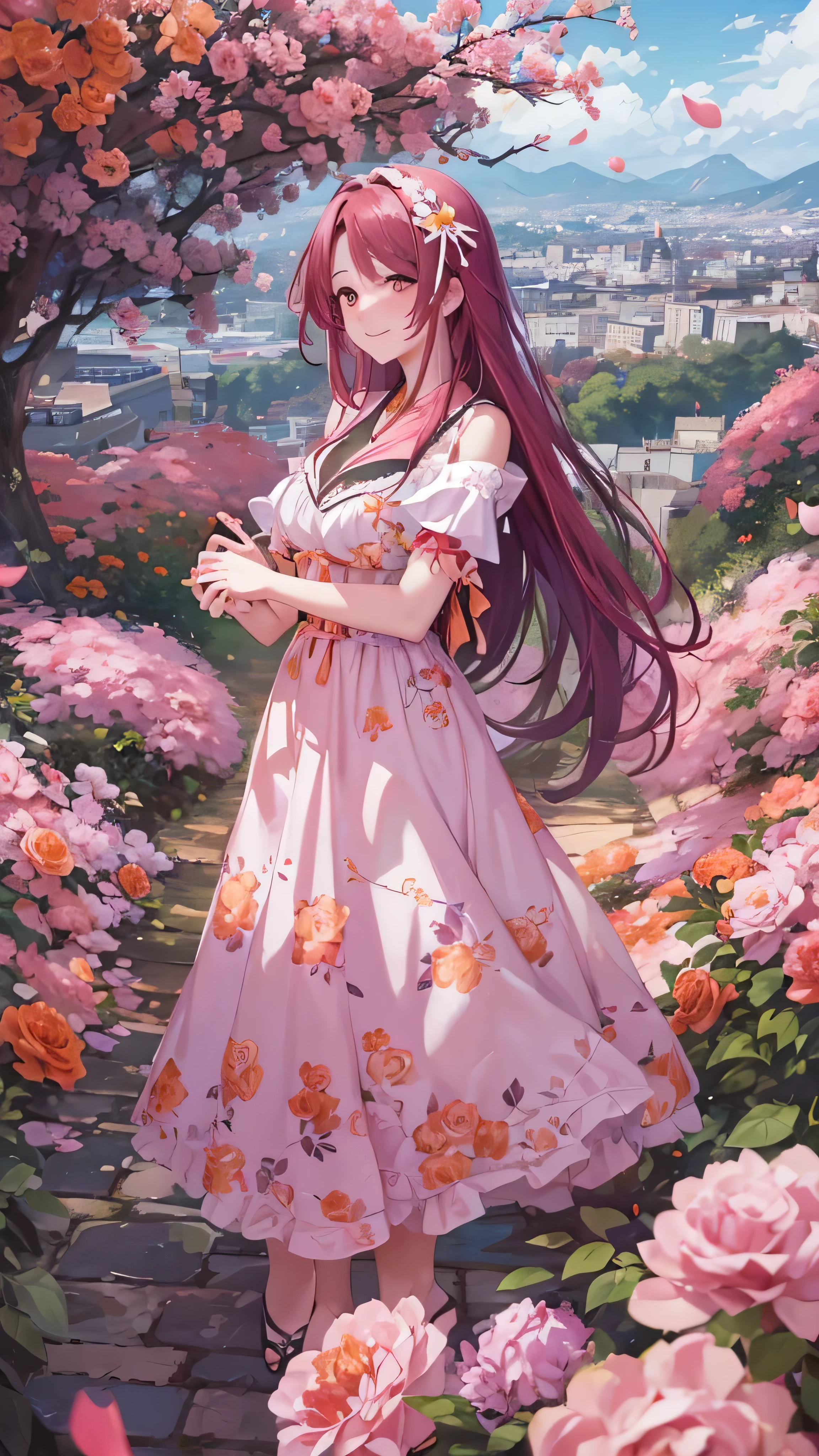 Anime girl in a pink dress standing in a garden of flowers - SeaArt AI