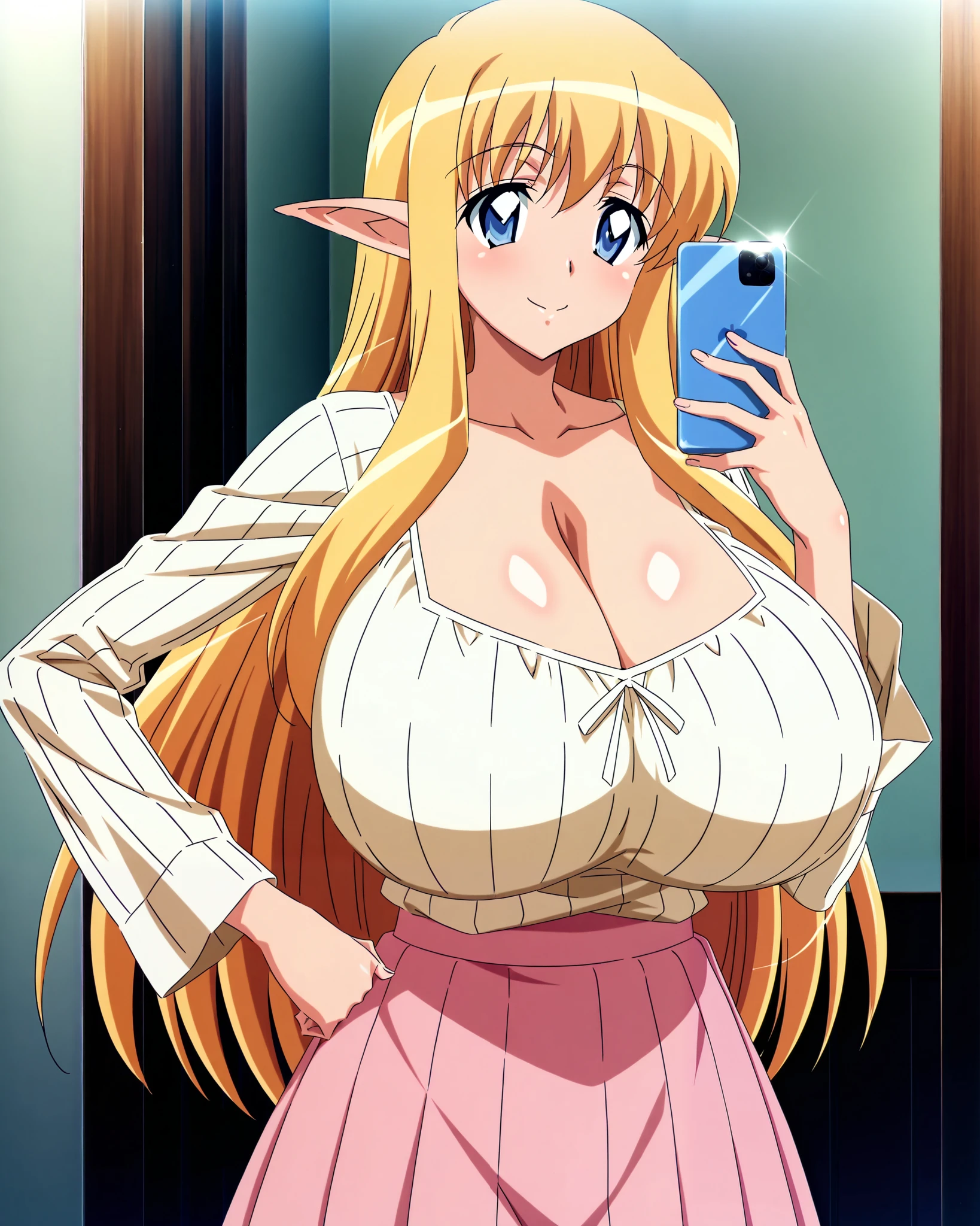 score_9, score_8_up, score_7_up, source_anime, anime coloring, anime screencap, 1 girl, Tiffania Westwood (zero no tsukaima), elf, blonde hair, blue eyes, sweet smile, selfie, holding one phone, hand on hip, slim body, upper body, cowboy shot, gigantic breasts, cleavage, long sleeves, yellow blouse, ribbed blouse, pleated pink skirt, long skirt, indoors, bedroom