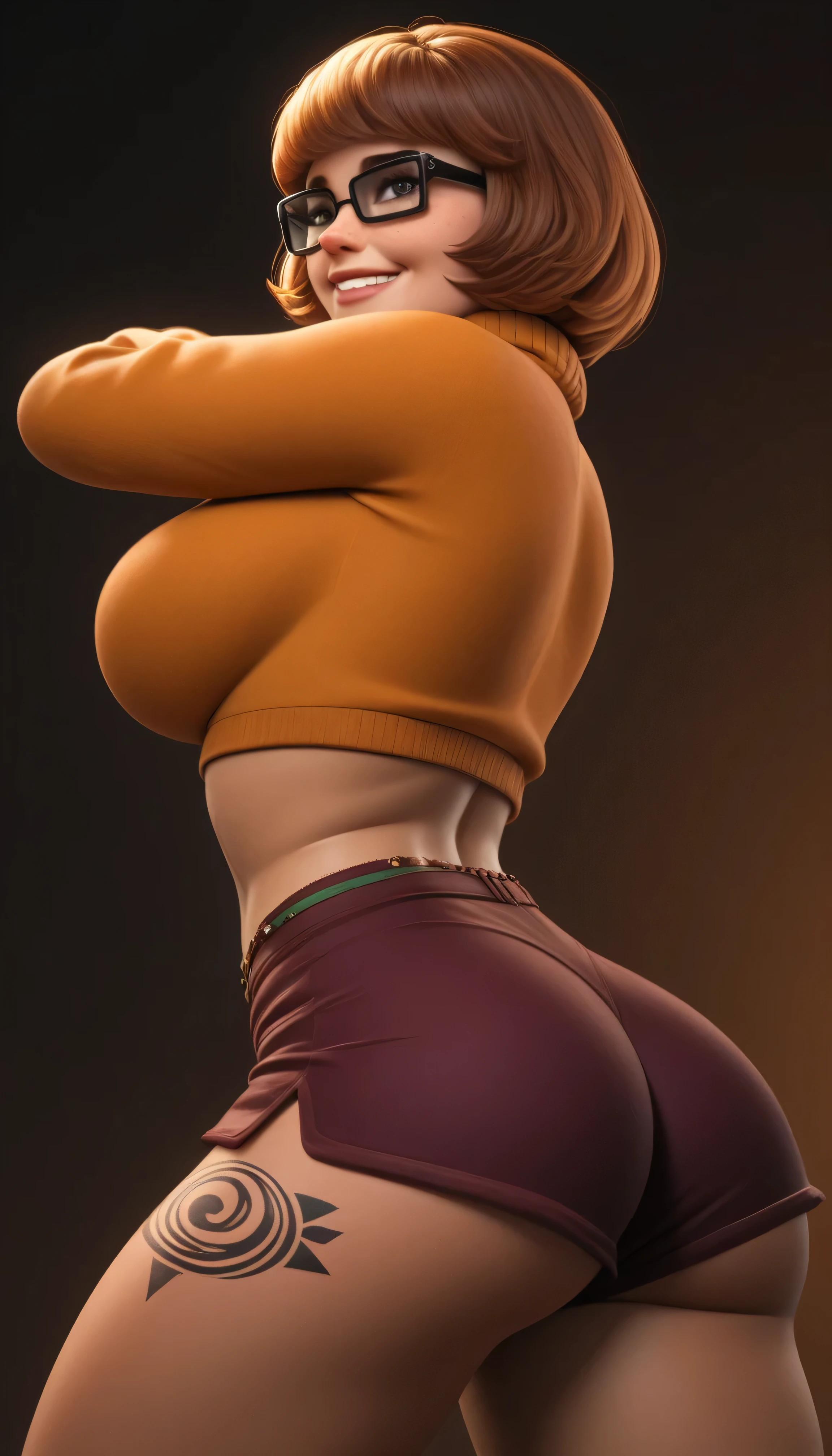 score_9,score_8_up,score_7_up,score_6_up,score_5_up,score_4_up,1girl, (Velma from Scooby Doo), orgasm smile, freckles, athletic body, ((muscular)), juicy ass, bubble butt, breast focus, big breasts, in dark room, sexy pose, camel toe, ((sexy standing pose)), ((revealing clothing)), (((very dark tan skin))), (((tattoos))), (((jewelry))), (((underwear made of jewels))), (((tight shorts)))