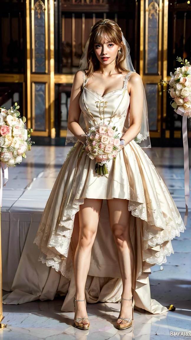 1girl,solo,church, holding flowers,(full body:1.3),thigh gap,standing,jewelry,necklace,white dress,wedding dress,, (masterpiece, best quality, hires, high resolution:1.2), (extremely detailed, realistic, intricate details, highres), 3d, cg, shiny skin,blush,, eyeliner, eyeshadow, eyelashes,, (gigantic breasts, saggy breasts:1.1), (cinematic lighting, sunlight, volumetric), looking at viewer,vintage fantasy,
