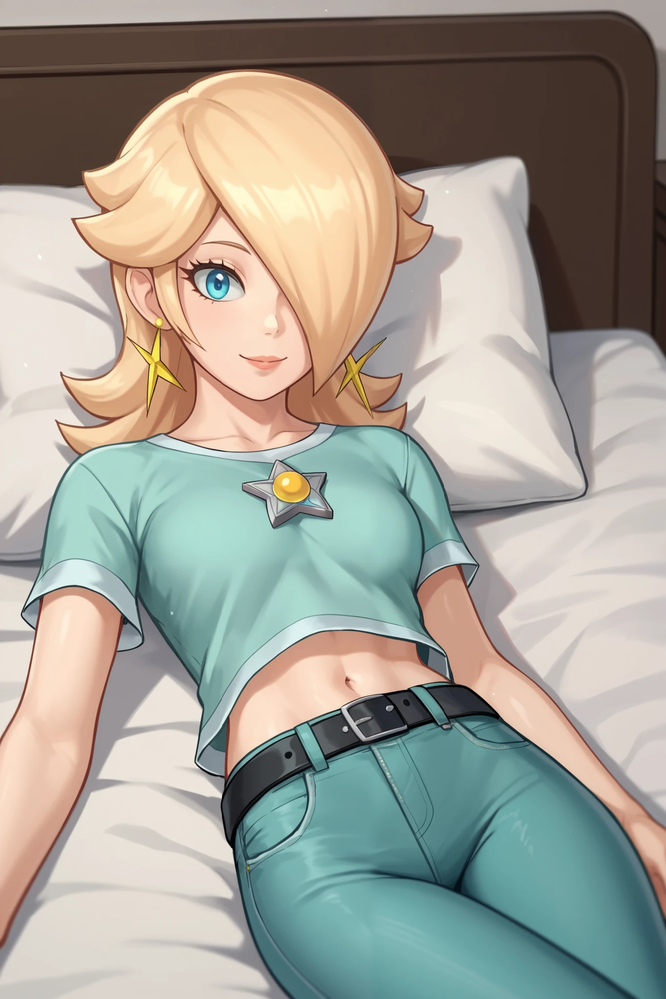 score_9, score_8_up, score_7_up, source_anime, rosalina, blonde hair, blue eyes, hair over one eye, long hair, star earrings, solo, cowboy shot, black t-shirt, taut clothes, tight shirt, midriff, navel, jeans, black belt, smile, laying, on stomach, indoors