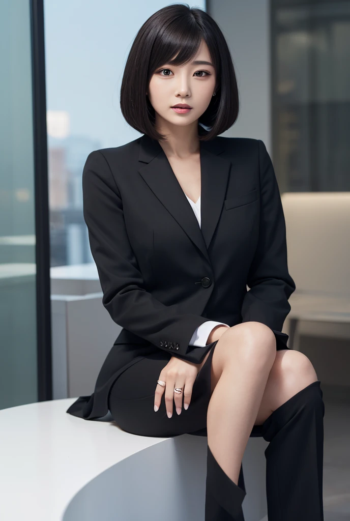 (Top, highest quality, realistic, Super detailedな, in fine detail, High resolution, 8k wallpaper), 1 beautiful woman, earrings, smile, light brown short messy hair, perfect dynamic composition, 美しくfine eyes, smile, Bayside Area, At night, full body portrait, (masterpiece:1.3), High resolution, Super detailed, Highly detailed CG Unity 8K wallpaper, (realistic, photo-realistic:1.3, RAW photo:1.2), beautiful detailed face, realistic肌, fine cloth texture, high detailed hair texture, perfect proportions, beautiful face, Accurate, anatomically correct, Highly detailed face and skin texture, natural neck length, fine eyes, symmetrical eyes, light brown eyes, double eyelid, thin eyebrows, (glossy lips:1.3), (魅惑的なsmile:1.2), (beautiful hands), thin legs, thin legs, long legs, High detailed leg texture, beautiful feet, ((High-quality suits with beautiful body lines:1.3)), ((Short Bob Hairstyles) :1.3)), (Breast augmentation:1.1), (film chest, well-shaped chest:1.2, slender body shape), ((from below:1.1)),//effect,polaroid photo, (film grain:1.3), Depth of bounds written, (Bokeh:1.1), (Light and shadow:1.3),(attractive legs:1.3),((bold pose:1.2))