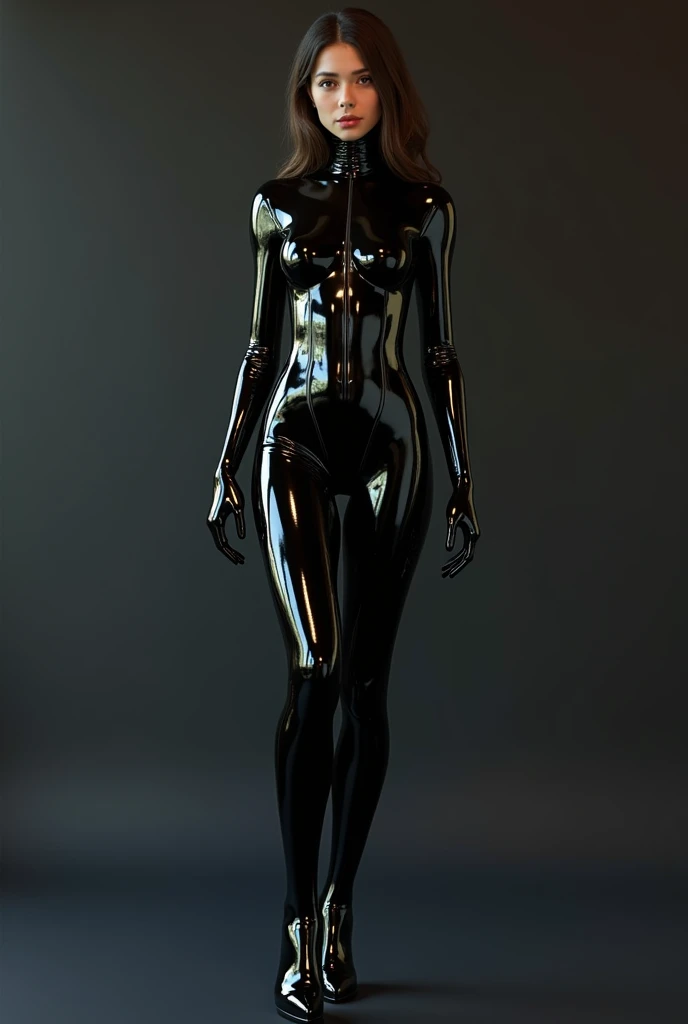 anime character in latex posing for a photo in a dark room, black latex sculpt, black latex suit, futuristic glossy latex suit, black latex, cyberpunk glossy latex suit, dominatrix robot, 3d render of catwoman, latex shiny, latex skin, wearing latex, wearing black latex outfit, rubber suit, wearing a black catsuit, black latex female balaclava