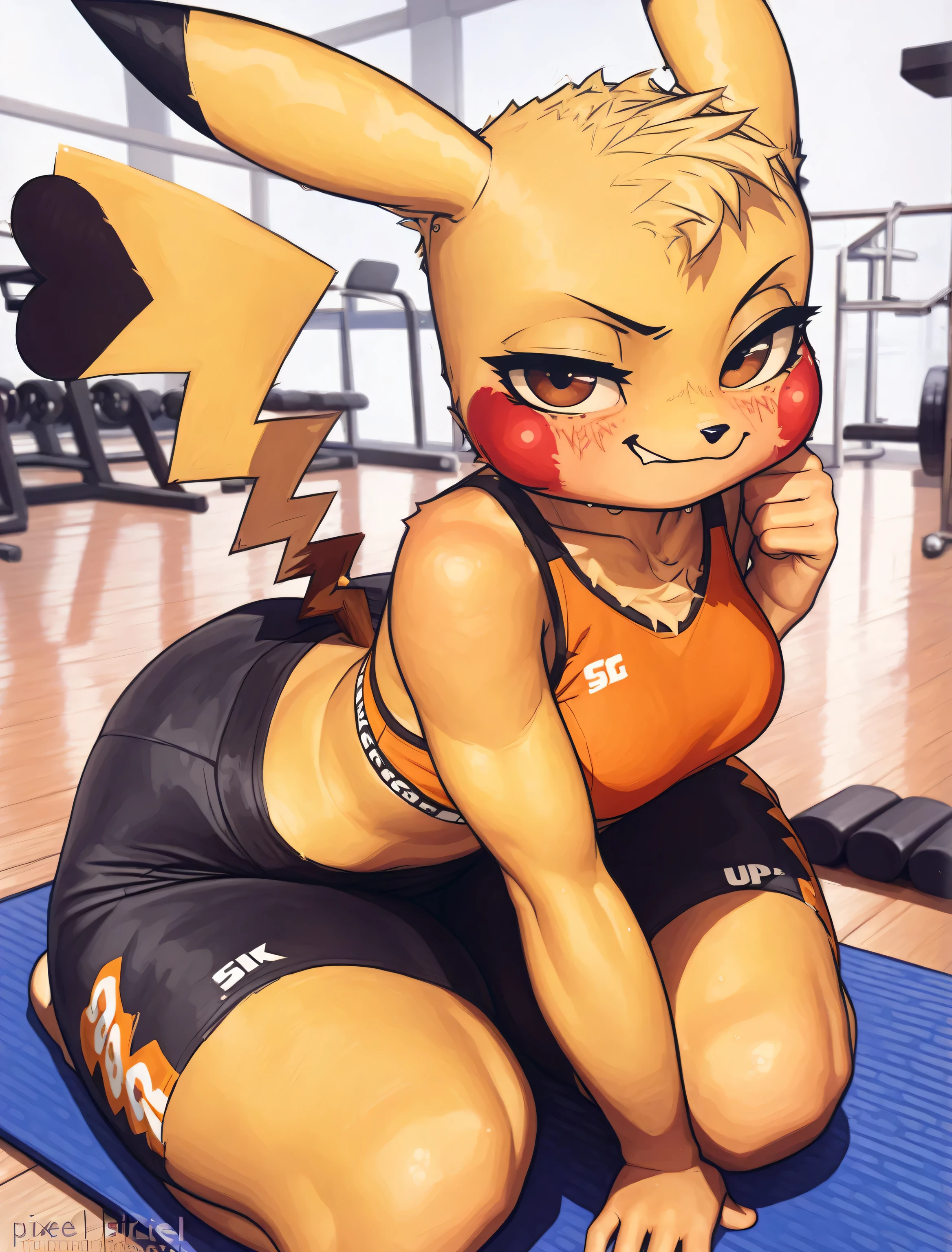 ((pikachu)), ((pixelsketcher)), ((masterpiece)), ((high resolution)), {(attractive figure), (athletic body), (pretty feet), ((yellow fur), (black nose), (pointed pikachu ears), (red pikachu cheeks), (female pikachu tail), (cute brown eyes), (half lidded eyes), (short yellow hair bang), (smug grin)}, {(orange sports bra), (yoga pants), (barefoot)}, {(sitting on yoga mat), (looking at viewer)}, ((gym))