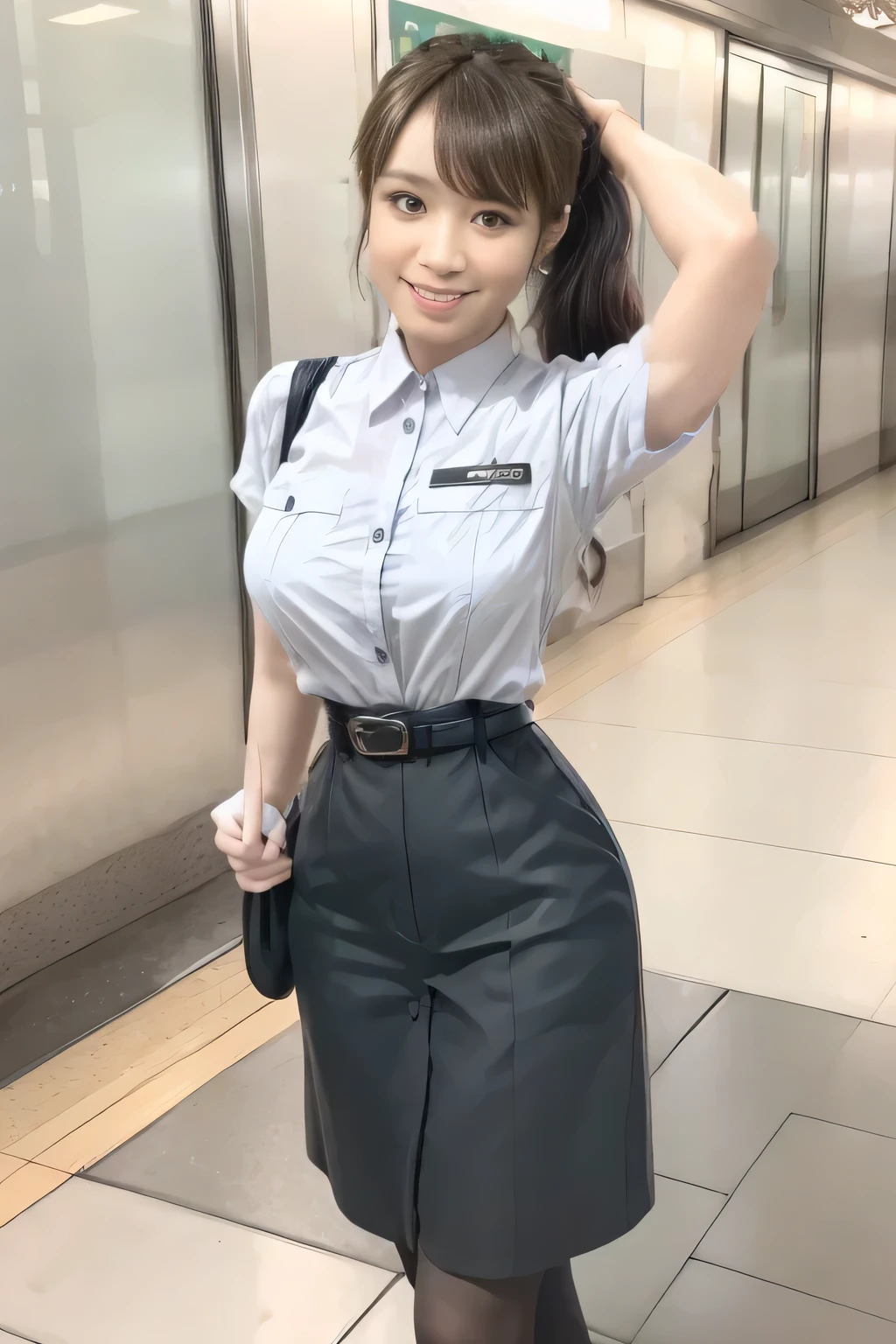 (Masterpiece:1.2, best quality :1.2), 32kHDR, high resolution, (Alone、 1 girl)、(Rooftop of a building during the day、 professional lighting)、Building rooftop background、( TOKYO SUBWAY WOMAN CREW UNIFORM REAL STYLE WOMAN CREW UNIFORM 6 )、(TOKYO SUBWAY WOMAN CREW UNIFORM BLOUSE SHORT SLEEVE 、 above knee culotte skirt、Waist belt)、、 dark brown hair 、( hair gathered、 hair bang)、 dark brown hair 、Long Hit、 big breasted、Thin legs、(( amazing hands:2.0)),((harmonious body proportions:1.5)),((Normal limbs:2.0)),((Usually refers to:2.0)),(( Delicate Eyes:2.0)),((Normal eyes:2.0)))、(Beautiful standing figure showing the Tokyo Subway Woman Crew Uniform) 、Hands crossed underneath 、Shy smile