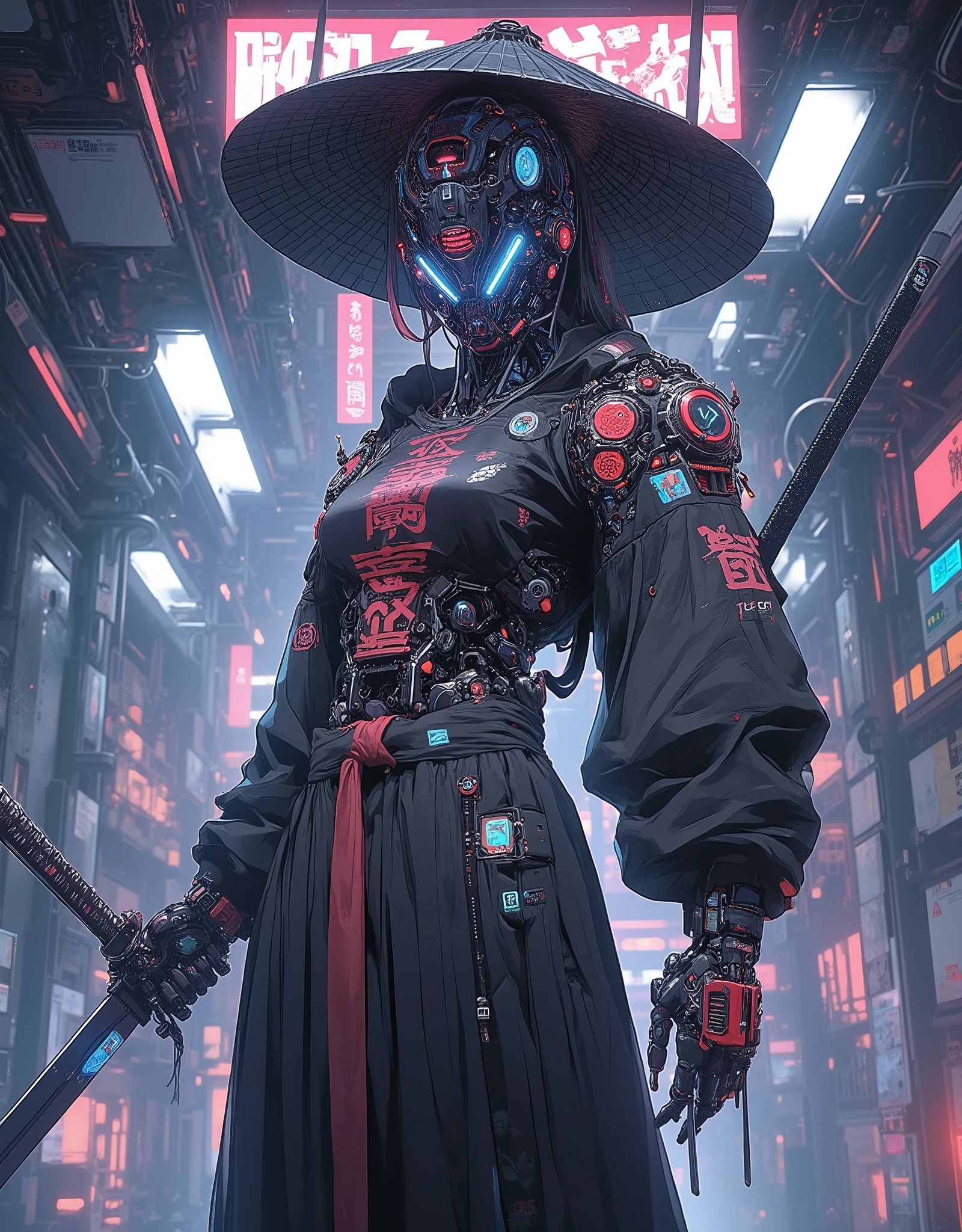 ((anime art style illustration)) of (perfect Asian cyberpunk girl samurai))), (((wearing incredibly detailed ornate cyberpunk Samurai armour))), ((LED lights)), (((Japanese Kabuki hairstyle))), perfect features, ((((full figure) dynamic pose))), (((starship interior))), (((Syd Mead art style))), abstract beauty, near perfection, pure form, concept art, intricate detail, 8k post-production, High resolution, super Detail, art station Trends, sharp focus, studio photos, intricate detail, Very detailed.