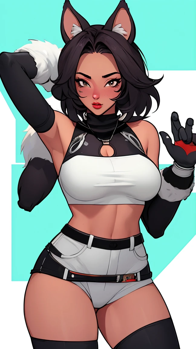 A woman with short black hair, muscular body, dark skin, and big breasts is wearing a pink tube top, white leggings, white boots, white gloves, a cat ear headband, and is crying and protruding her buttocks.