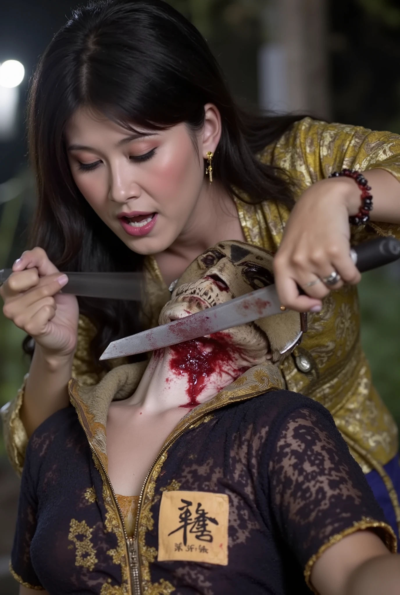 Woman kill male, Woman cut throat male, Woman knife, Woman kebaya bali Indonesia, blood flowed freely down Male neck, black hair, male neck spurted out a lot of blood, male full skeleton mask, a male, male hoodie, handsome male, Woman Slaughter male, male dead, male eyes blindfold