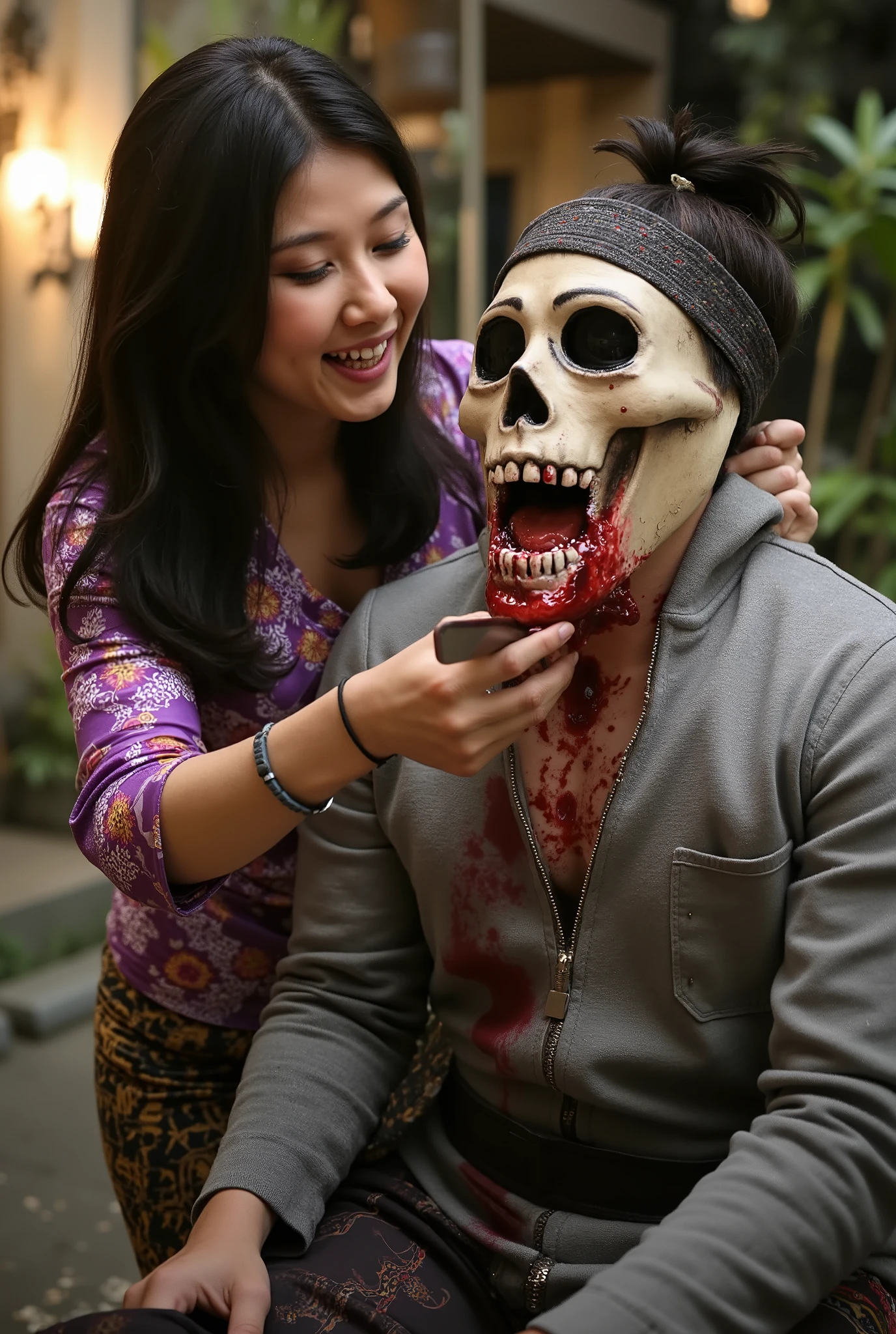 Woman kill male, Woman cut throat male, Woman knife, Woman kebaya bali Indonesia, blood flowed freely down Male neck, black hair, male neck spurted out a lot of blood, male full skeleton mask, a male, male hoodie, handsome male, Woman Slaughter male, male dead, male eyes blindfold