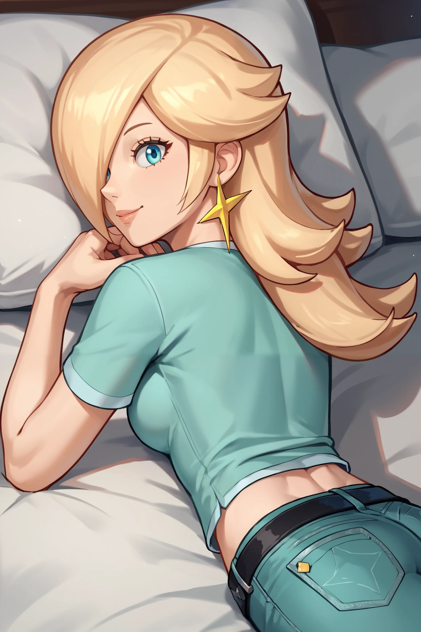 score_9, score_8_up, score_7_up, source_anime, rosalina, blonde hair, blue eyes, hair over one eye, long hair, star earrings, solo, cowboy shot, black t-shirt, taut clothes, tight shirt, midriff, jeans, black belt, smile, laying, on stomach