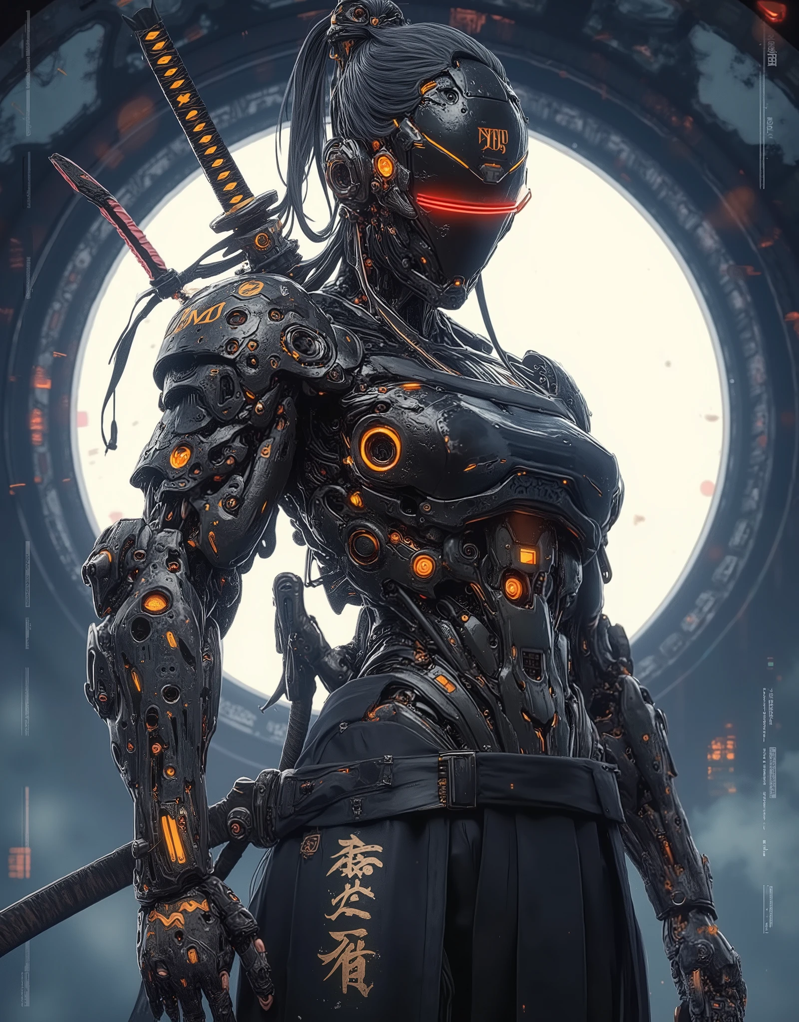 ((anime art style illustration)) of (perfect Asian cyberpunk girl samurai))), (((wearing incredibly detailed ornate cyberpunk Samurai armour))), ((LED lights)), (((Japanese Kabuki hairstyle))), perfect features, ((((full figure) dynamic pose))), (((starship interior))), (((Syd Mead art style))), abstract beauty, near perfection, pure form, concept art, intricate detail, 8k post-production, High resolution, super Detail, art station Trends, sharp focus, studio photos, intricate detail, Very detailed.