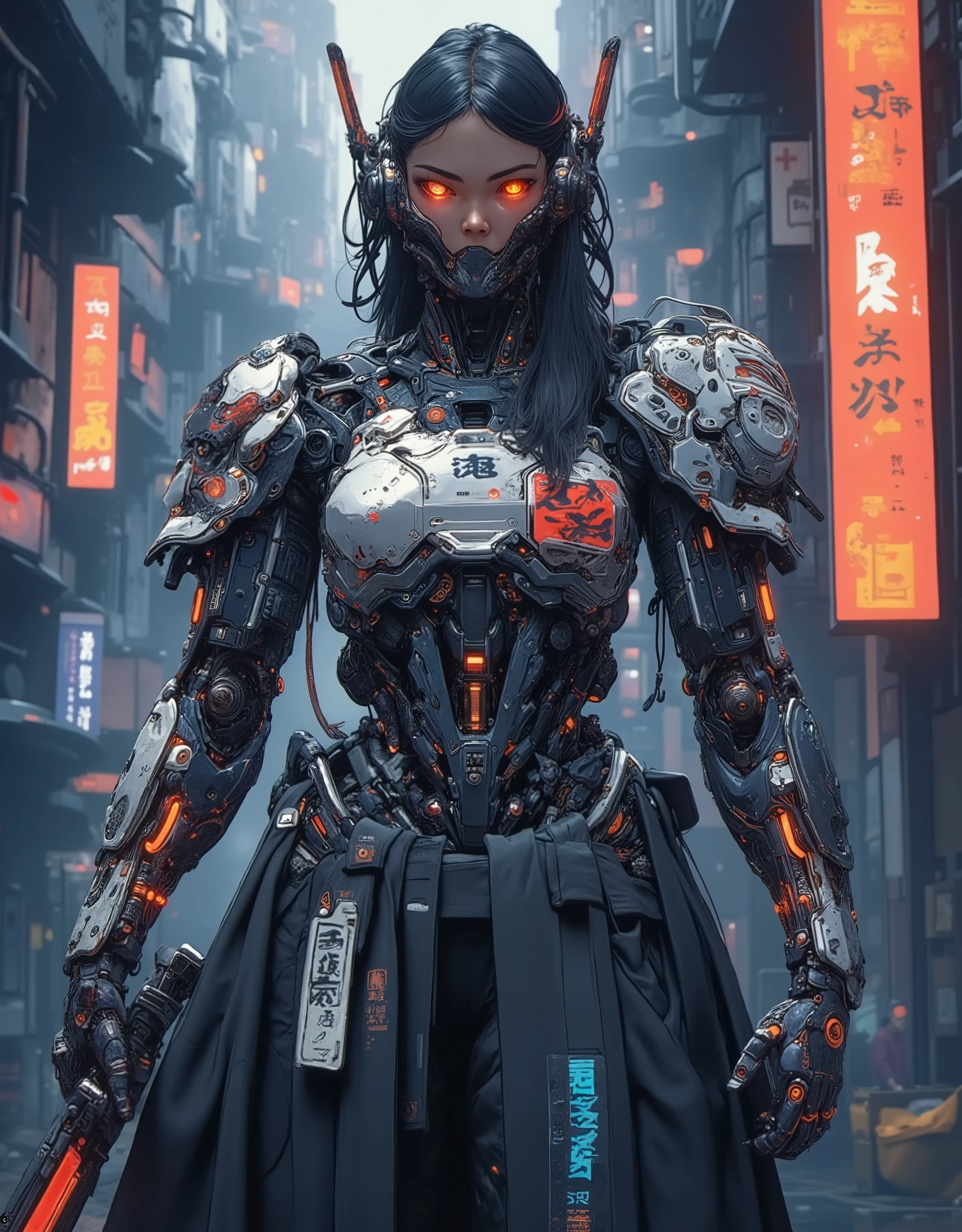((anime art style illustration)) of (perfect Asian cyberpunk girl samurai))), (((wearing incredibly detailed ornate cyberpunk Samurai armour))), ((LED lights)), (((Japanese Kabuki hairstyle))), perfect features, ((((full figure) dynamic pose))), (((starship interior))), (((Syd Mead art style))), abstract beauty, near perfection, pure form, concept art, intricate detail, 8k post-production, High resolution, super Detail, art station Trends, sharp focus, studio photos, intricate detail, Very detailed.