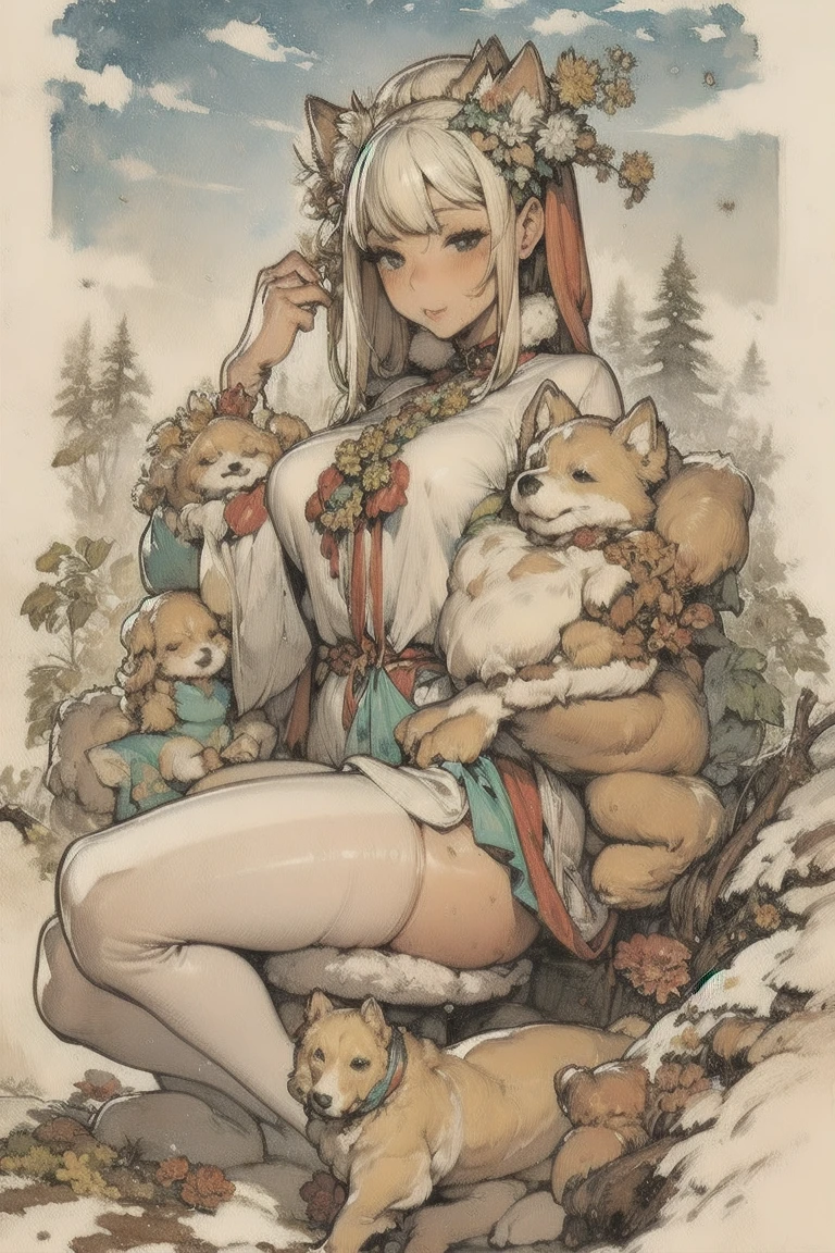 White skin, (Fox ears), Exquisite eyes,Red Eyeshadow, Red lips,Fake laugh, Ukiyo-e, masterpiece, high quality, at the lowest limit, Tiny,White boots,Huge breasts,Bare shoulders,,Lace,Lace stockings,Lace skirt,Maid