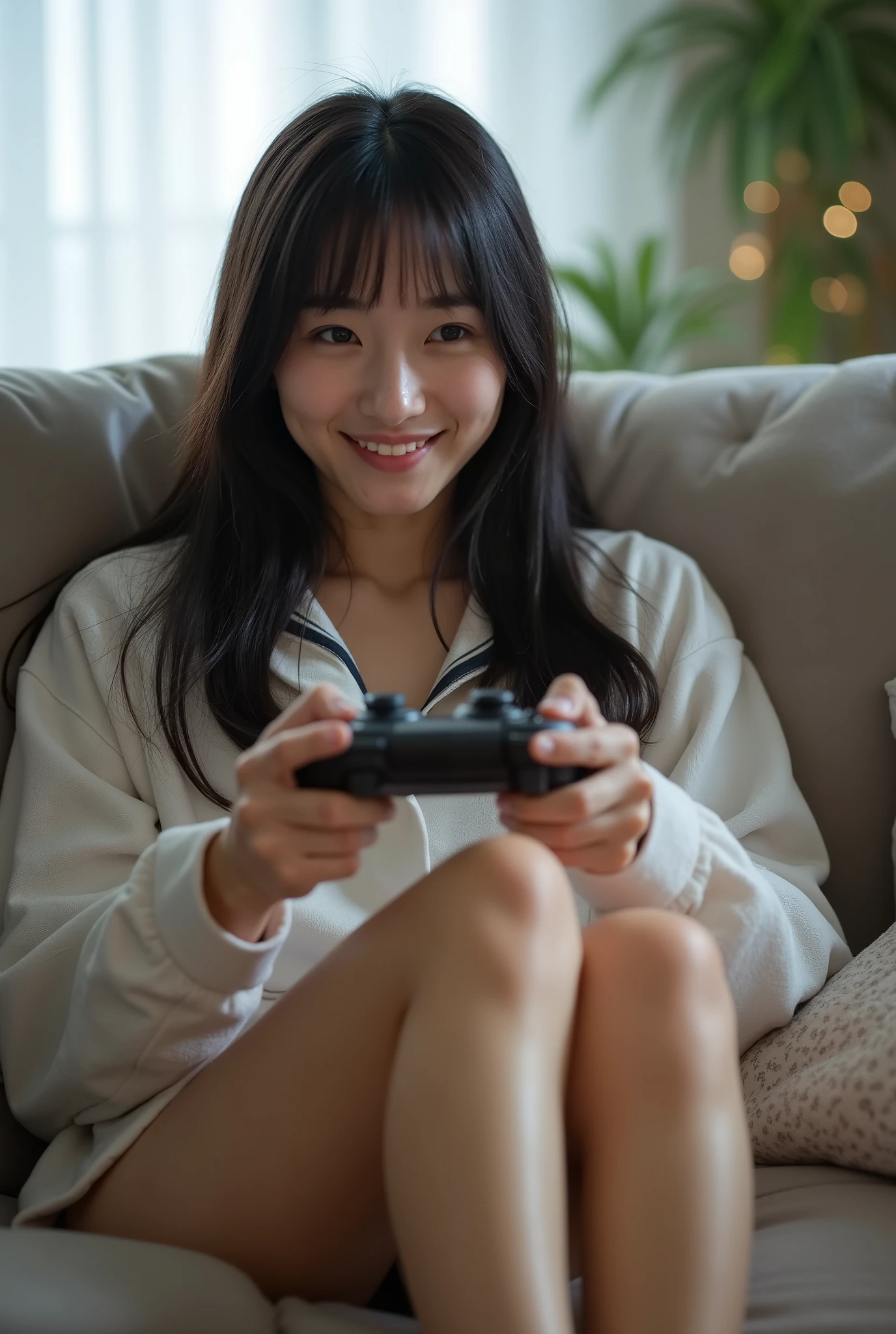 A pretty Japanese young woman is lying on a sofa in the living room, absorbed in a video game, with long black hair, a little bit of hair on her head from sleeping habit, wearing pajamas with a lot of exposed skin, barefoot, and sweating, smiling, beautiful raw legs, from the front, no makeup