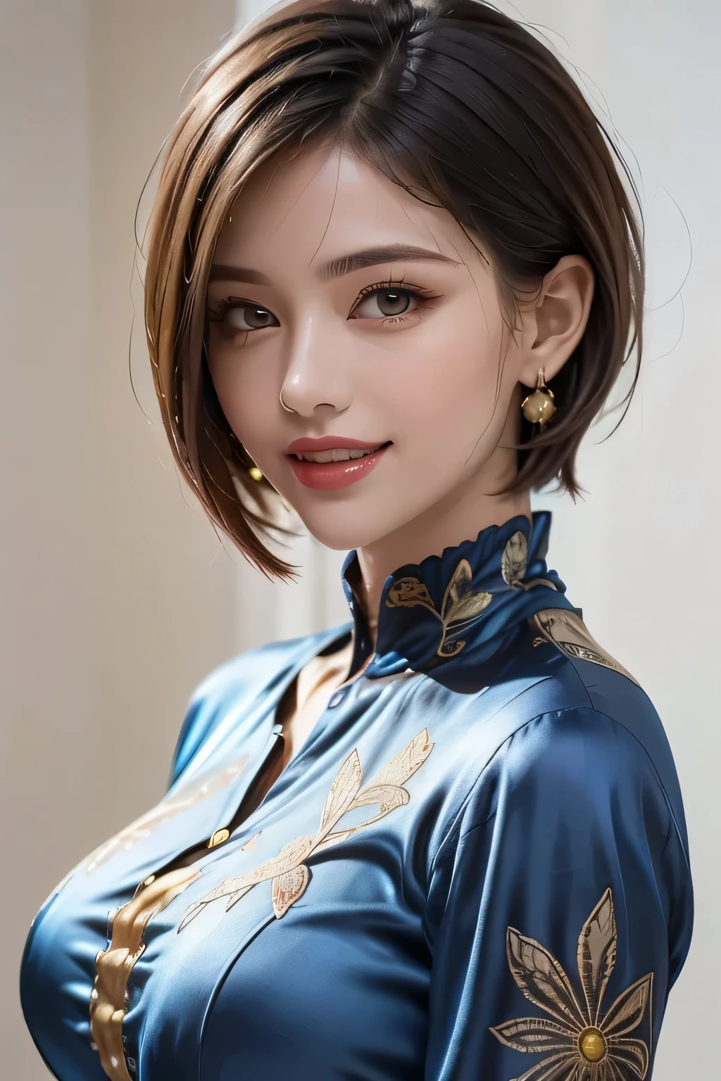 (1.   Beauty ,   supermodel  ), (     Perfect Anatomy ), ((   cowboy shot )), Golden Ratio, (top quality:1.4), 32k resolution, (   realistic     :1.5), High resolution UHD, (masterpiece :1.2)), (Improved quality:1.4), (  Very beautiful face details  ), (grin), (top quality), (( DECORATED blue SILK DRESS WITH DETAILED PATTERNS :1.37)),   earrings,    necklace, (Big Breasts:1.3), (thigh), Accurate Fingers,  very detailed,  beautiful eyes,    double eyelid ,    eyelash   , Shaping your eyebrows, ((  very detailed)),    red cheeks   , Ultra-    realistic     eyes, Perfect Lips,      perfect eyes,    Natural Cosmetics  , [contains pink lipstick], (( Commitment to quality     :1.2)), (   beautiful lips:1.33), (beautiful nose:1.2), (Big Breasts),     brunette pixie cut, ((   realistic   )), ((  Sharp Focus )), (    highest resolution), ((   high image quality)), ((masterpiece)),    PROFESSIONAL CINEMA LIGHTING  