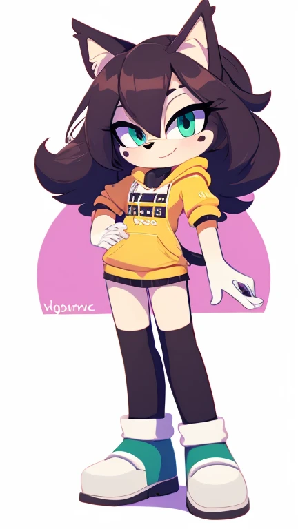 Girl, full body picture, thick thighs, hourglass figure, Short curly split dye hair, has heterochromia, has vitiligo, freckles, septum piercing, medium tits, wearing a long sleeve crop top and a pleated skirt as well as striped thigh high socks