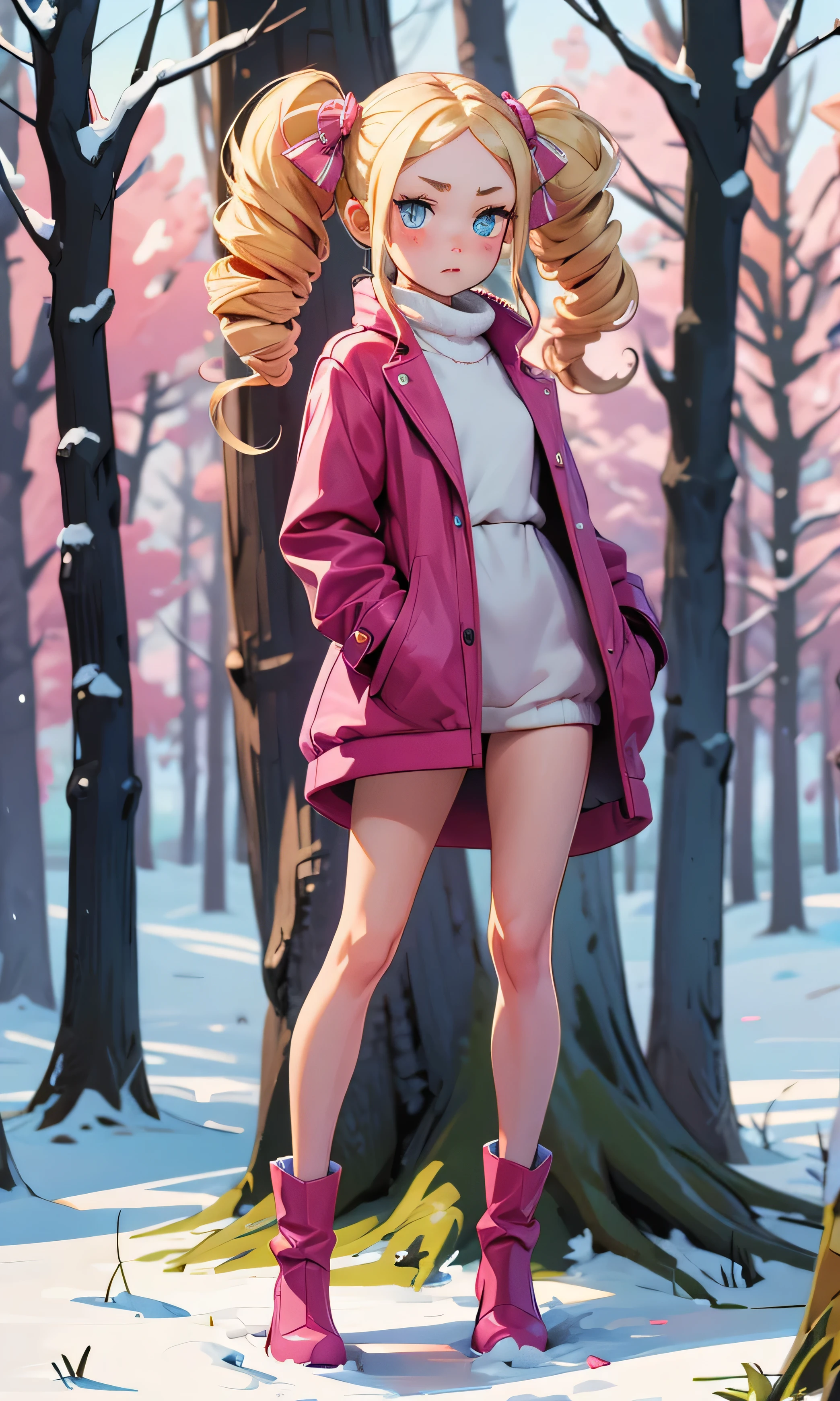 masterpiece, great detail, 1 girl, ite, beatrice, head on, looking at the viewer, slim and tall, blonde hair, two pigtails, blue eyes, textured skin, blush, full body, pretty legs, ((naked)), red boots, pink coat, sexy pose, legs apart, in the forest, invierno, muñeca de nieve, árboles secos