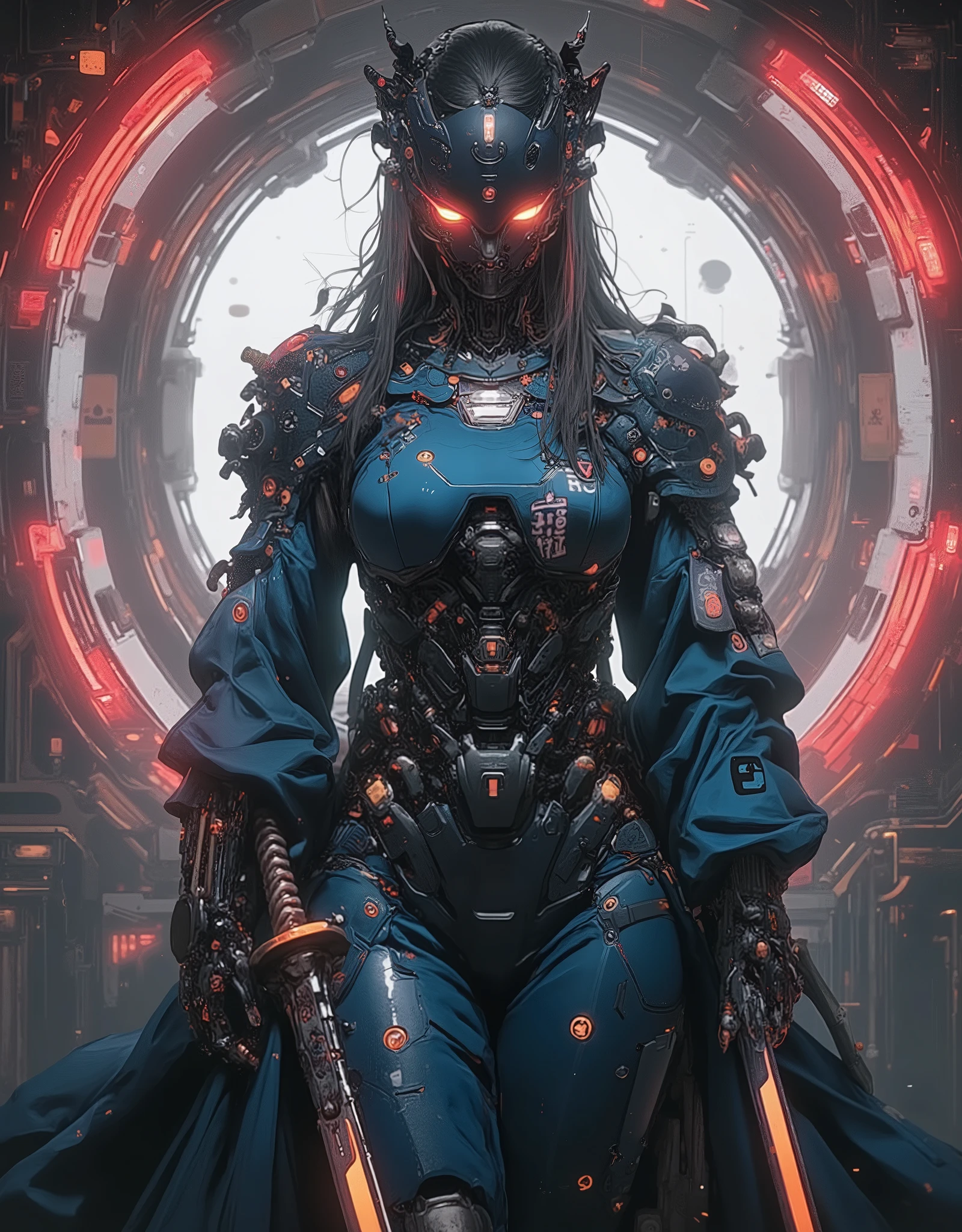 ((anime art style illustration)) of (perfect Asian cyberpunk girl samurai))), (((wearing incredibly detailed ornate cyberpunk Samurai armour))), ((LED lights)), (((Japanese Kabuki hairstyle))), perfect features, ((((full figure) dynamic pose))), (((starship interior))), (((Syd Mead art style))), abstract beauty, near perfection, pure form, concept art, intricate detail, 8k post-production, High resolution, super Detail, art station Trends, sharp focus, studio photos, intricate detail, Very detailed.
