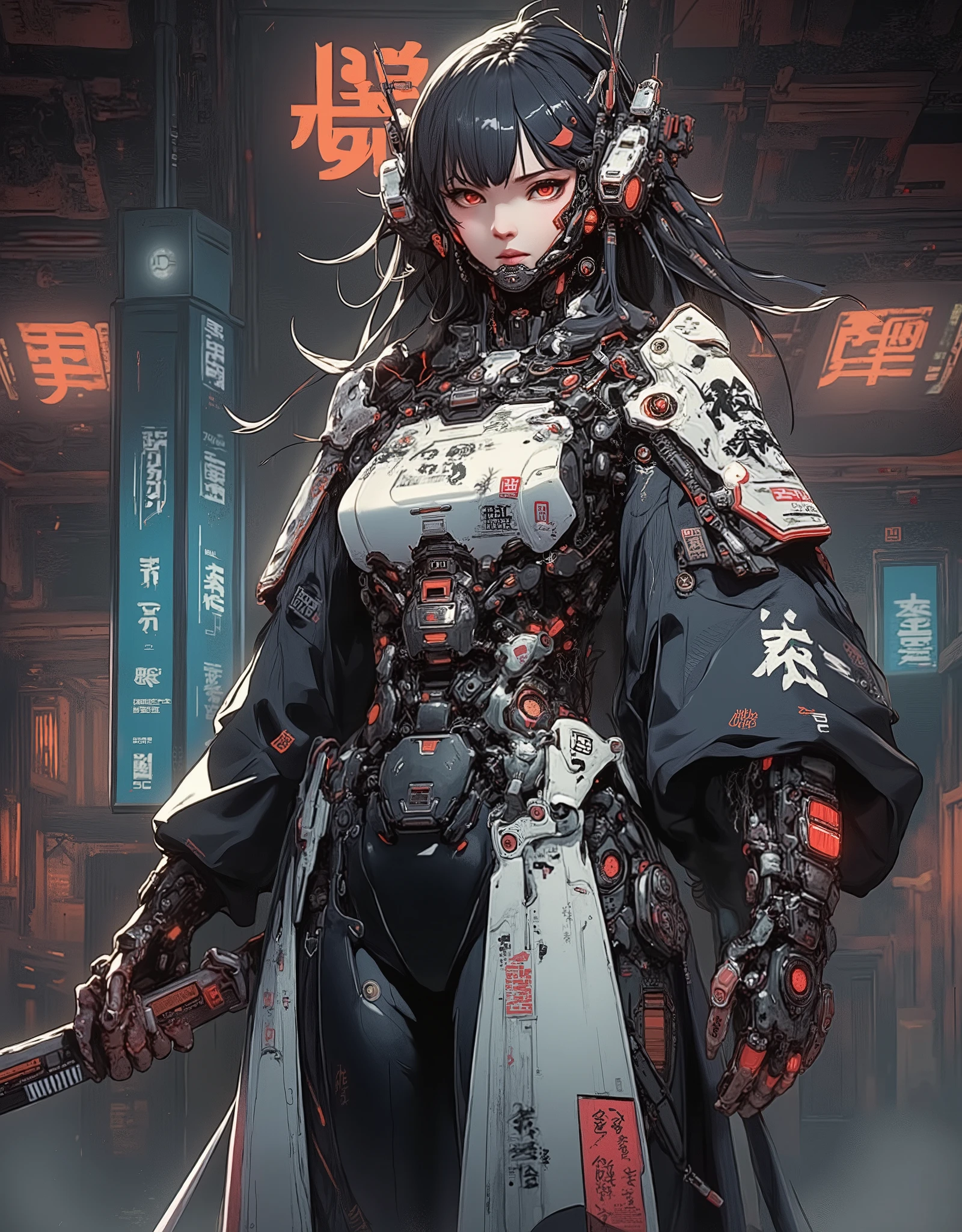 ((anime art style illustration)) of (perfect Asian cyberpunk girl samurai))), (((wearing incredibly detailed ornate cyberpunk Samurai armour))), ((LED lights)), (((Japanese Kabuki hairstyle))), perfect features, ((((full figure) dynamic pose))), (((starship interior))), (((Syd Mead art style))), abstract beauty, near perfection, pure form, concept art, intricate detail, 8k post-production, High resolution, super Detail, art station Trends, sharp focus, studio photos, intricate detail, Very detailed.