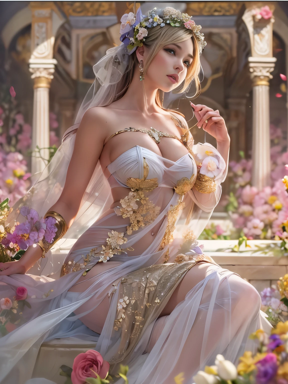 (8k, best quality , Masterpiece),{ realistic, RAW photos, super fine clear , portrait, ( paintings in the style of Alphonse Mucha :1.6)}, realistic Light, detailed skin, (Beautiful woman with slim body, Age 25, Athena:1.5), Thin legs, fine grain, Long white hair, Detailed Fingers , thin, Sexual, 28 years old , dynamic and sexy pose, ( big bounce and firm chest:1.4), (sexy see-through flamenco dancer dress, Long Skirt:1.2),(The dress has a wide open chest ;1.6), (Arcadia, Storm of Flowers, lots of flowers :1.8), Wide and beautiful view, (15th century rose garden:1.5),