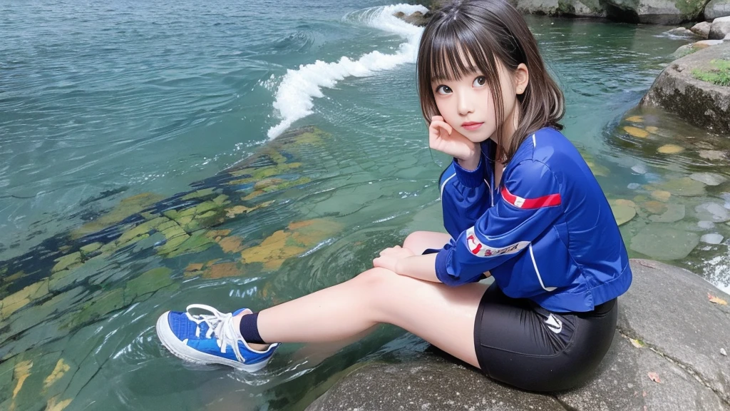 Rei Ayanami, (Face the camera directly), (Immerse in water to ankle depth), Realistic beautiful girl full body portrait, 13 years old, Fantastic face, In a sitting position, Midsummer sky and Japan countryside, Cinematic, Reallife Human,