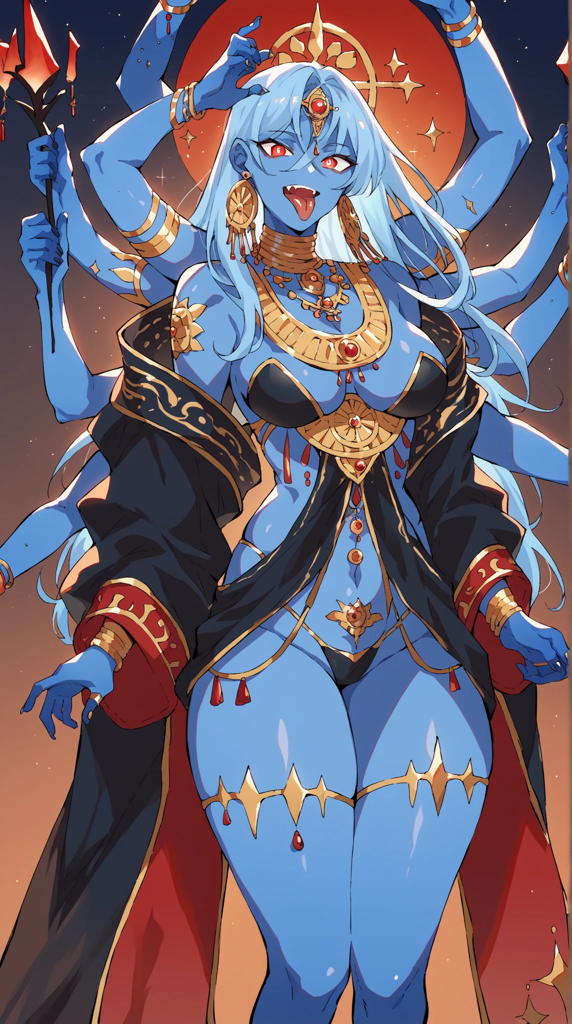 (1girl)((blue skin)), (full_body), ((mandala-like aura around the head)), ((red eyes)), (tall), ((fantasy landscape background)), ((green braided hair)), (seen from behind), ((gold jewelry)), (wide hips), (long, thick and strong legs), (shapely buttocks), ((intricate details)), (original character), (medium breastasterpiece)), (HDR), (super-resolution), (cinematic lighting), (beautiful lighting), (chromatic),