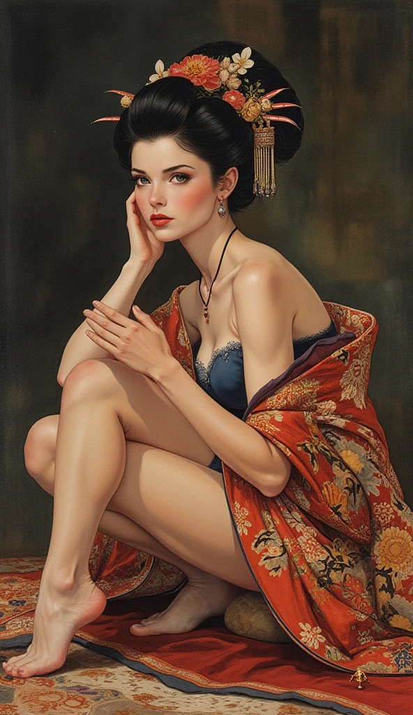 Modern Asian city，Beautiful girl，Denim suspenders，cabelos preto e longos，curlies，Sexy and seductive red lips，full bodyesbian，Sit cross-legged，portraitures，oil painted，inks，acrycle painting，tmasterpiece，Renaissance style，best qualtiy，A high resolution，super-fine，Eyes detailed，Face detailed，hair detail，Accurate，Clear eye focus close-up