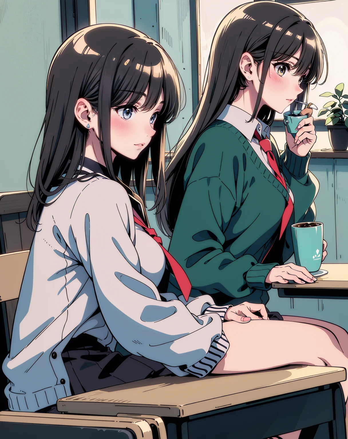 With elbows on the desk A woman is reading a comic book Comics one's home Sunlight through the window profile Bookshelf in the background high quality masterpiece Upper Body