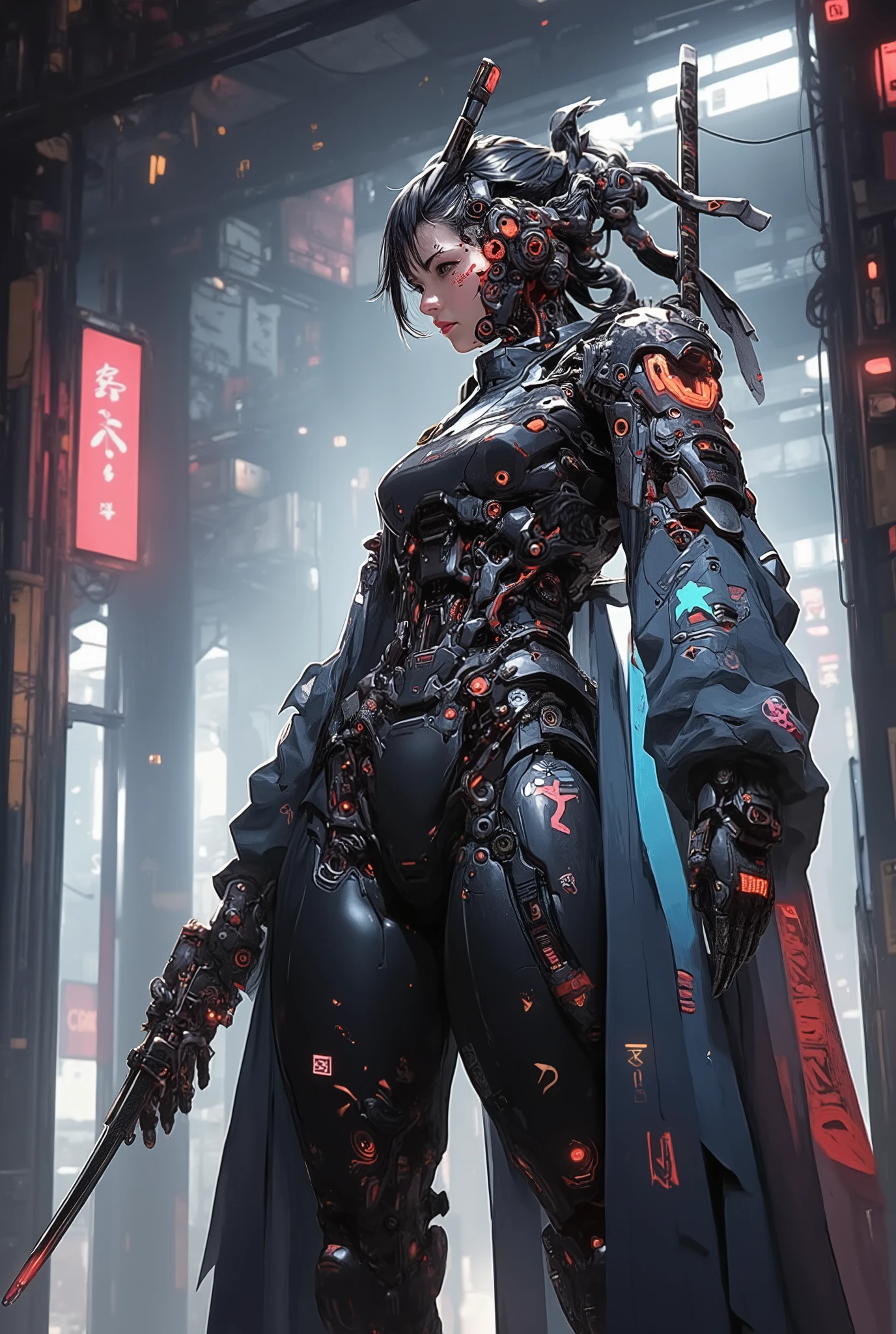 ((anime art style illustration)) of (perfect Asian cyberpunk girl samurai))), (((wearing incredibly detailed ornate cyberpunk Samurai armour))), ((LED lights)), (((Japanese Kabuki hairstyle))), perfect features, ((((full figure) dynamic pose))), (((starship interior))), (((Syd Mead art style))), abstract beauty, near perfection, pure form, concept art, intricate detail, 8k post-production, High resolution, super Detail, art station Trends, sharp focus, studio photos, intricate detail, Very detailed.