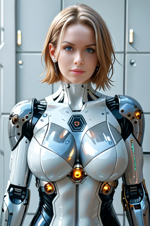 Emma Watson, (masterpiece, best quality), 1girl, solo, t-shirt, jeans, robot, metallic skin, cyborg