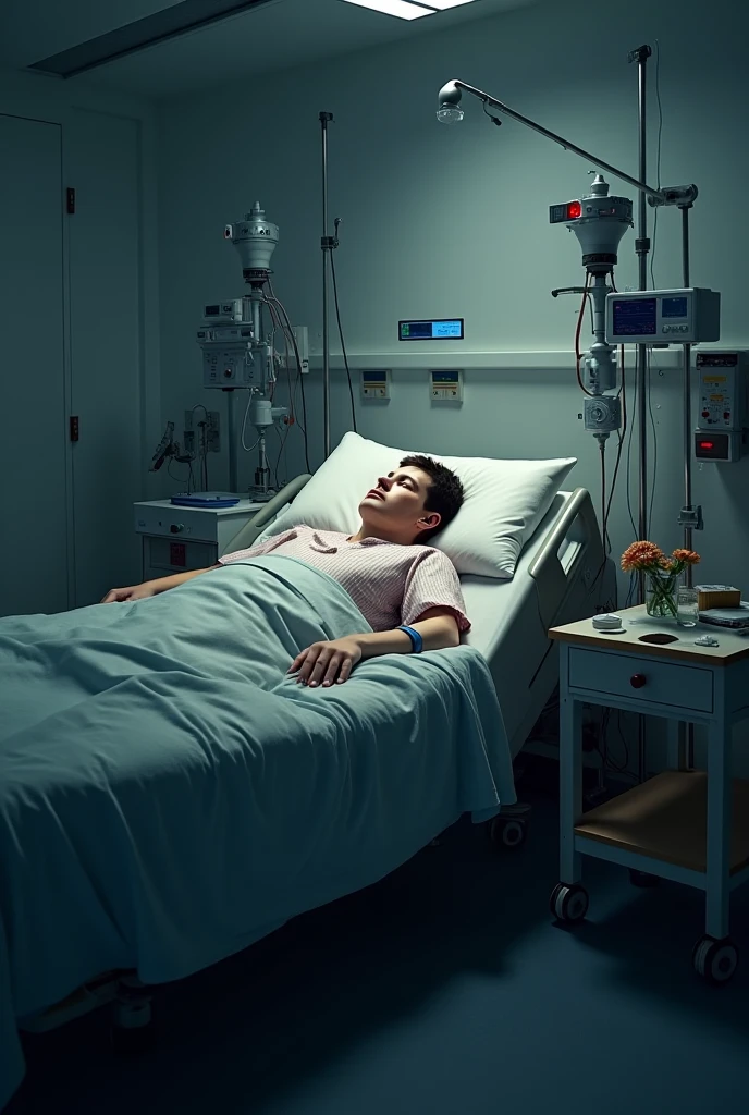 In a hospital room a young white man is seen lying and asleep in a hospital bed, Next to it there are monitoring devices such as a vital signs monitor.