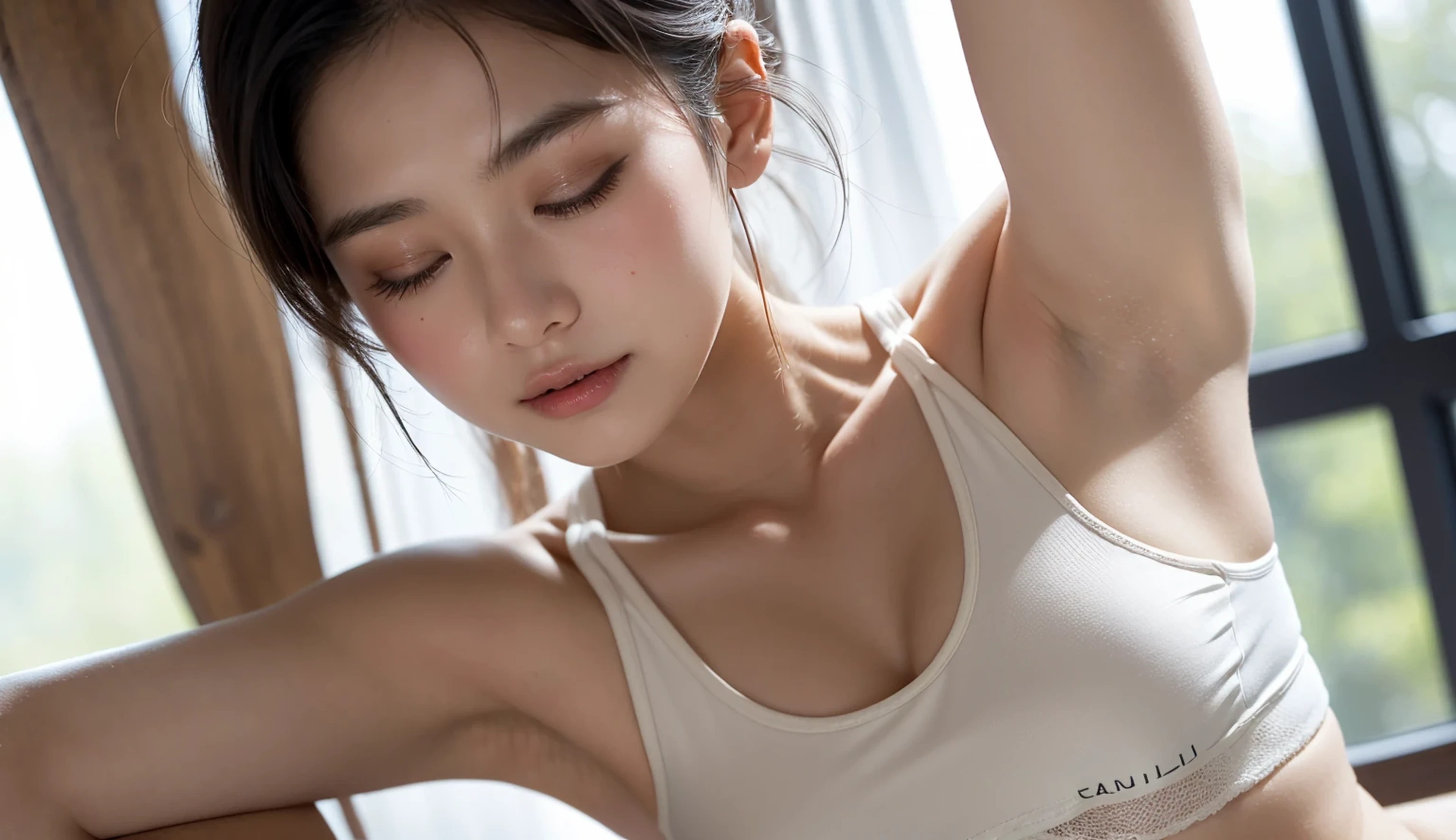 A serene and radiant young Japanese woman in a state of meditative flow, her skin glistening with a fine layer of sweat as she practices hot yoga in a well-lit room, her gleaming white sports bra and matching athletic shorts accentuated by the subtle sheen of her skin, her expression a testament to the calm and inner peace that radiates from within, a close-up capturing the intimacy and tranquility of the moment as her body is set free from the constraints of the outside world, her sweat-drenched skin a map of her inner journey, every pore and curve a testament to her connection with the present, her eyes closed, her breath steady, her spirit at one with the universe.