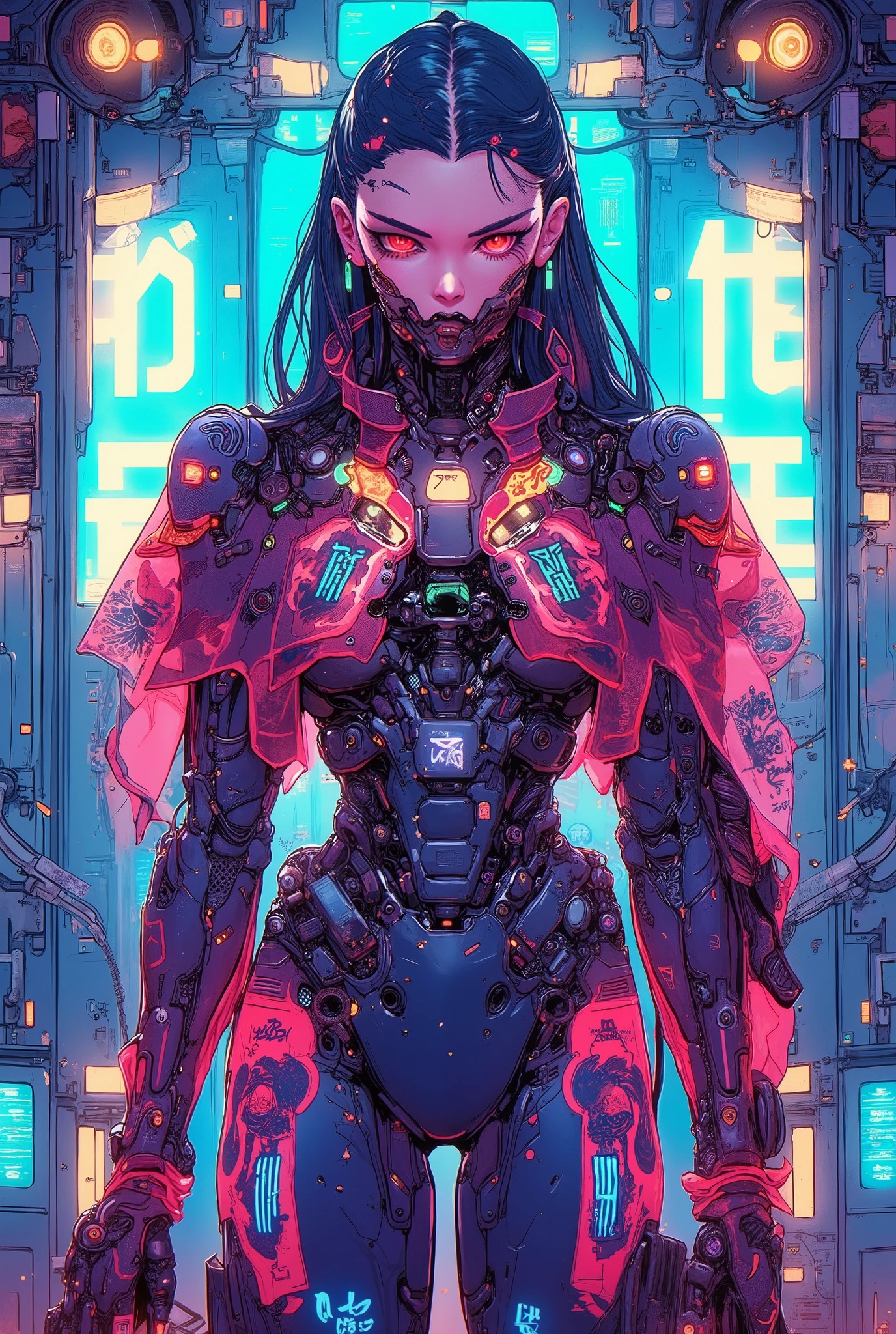 ((colourful anime art style illustration) of (perfect Asian cyberpunk girl))), (((wearing incredibly detailed ornate cyberpunk samurai armour))), ((LED lights)), (shapeless long hair), perfect features, ((((full figure) dynamic pose))), (((starship interior))), (((Jim Burns art style))), abstract beauty, near perfection, pure form, concept art, intricate detail, 8k post-production, High resolution, super Detail, art station Trends, sharp focus, studio photos, intricate detail, Very detailed.