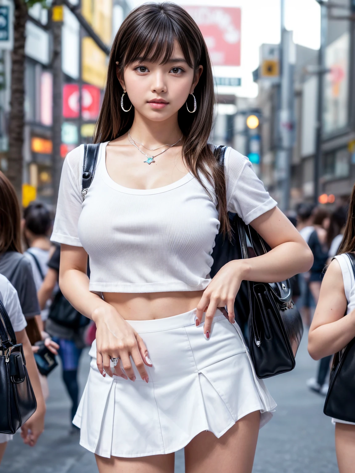 Product quality,1 girl,Cowboy Shot,Front view,Young and sexy Japanese girl,20-year-old,Harajuku,(Crowded street:1.4),Stylish blue shirt,wear,Fashionable bags,Fashionable necklaces,Fashionable earrings,((White super short micro pleated mini skirt:1.5)),wear,Very cute face,Glossy Lips,Double eyelids on both eyes,(Natural Makeup),shiny smooth light brown long hair,,,Asymmetrical bangs,Center image,8k resolution,Attention to detail,Detailed hairstyle,Detailed face,Cinema Lighting,Octane Rendering,Ultra-realistic,Perfect limbs,(Detailed fingers:1.5),Beautiful legs,Voluptuous thighs,Huge breasts,Perfect Anatomy,(Model pose:1.3)