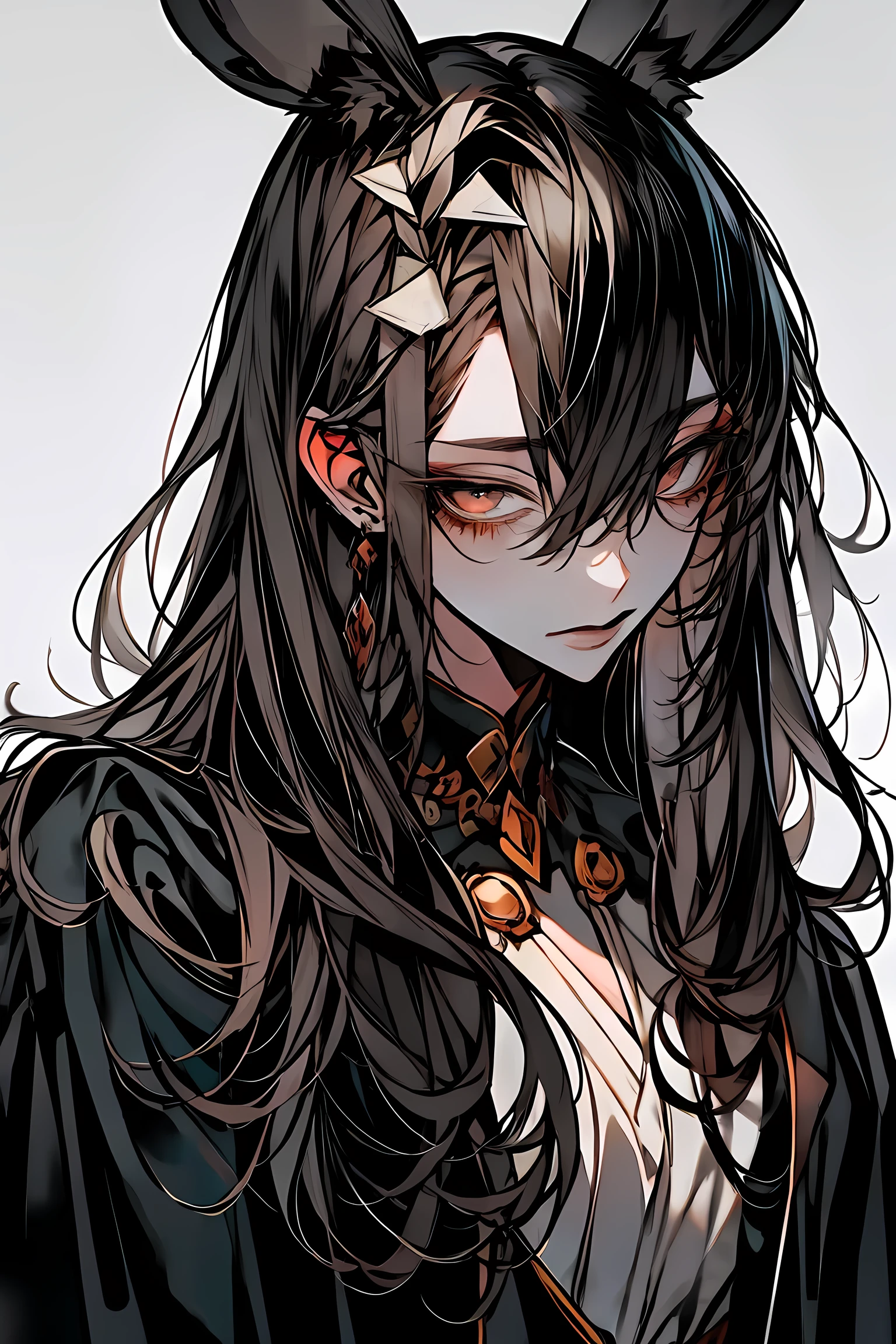 (masterpiece:1.2, Highest quality), (Actual Photos, Intricate details), (1 female, alone,whole body、Small breasts) ,Scary atmosphere、Distorted facial expressions、Blood splatter、Cuts on the face、burns on the face、Punk Fashion、Long Hair、Long Bangs、Twin tails、Black Hair、(((Dark circles under the eyes)))、Pale skin、Pathological、Crazy smile、Crazy eyes、(Grin)Dramatic makeup,Create mixed media art、White Background