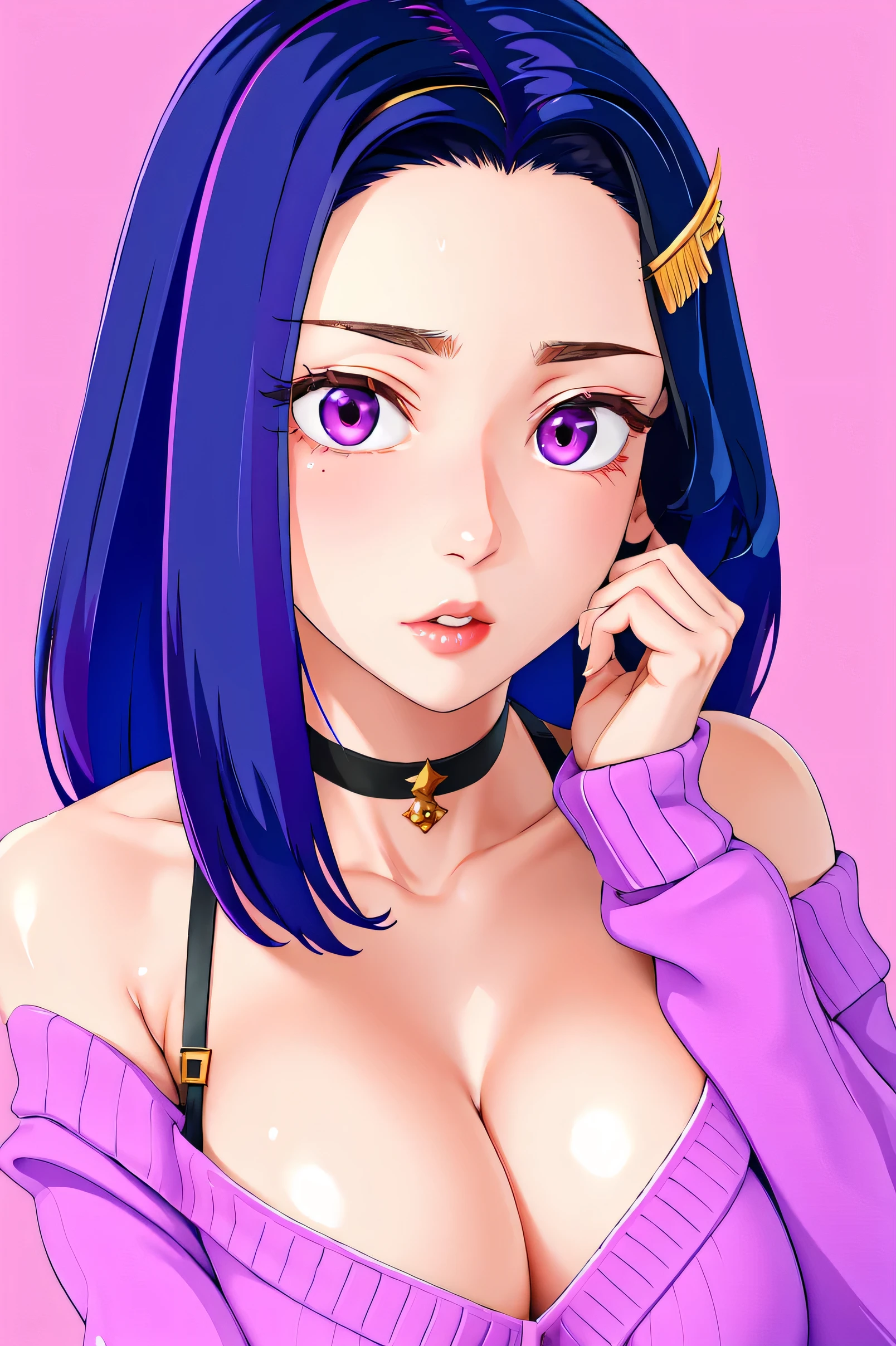 (masterpiece, best quality, ultra high res, beautiful detailed hair detailed face, perfect feminine face), akino sayuri, General, 1girl, alternate breast size, black bra, black choker, black sweater, blush, bra, breasts, choker, cleavage, collarbone, embarrassed, fingernails, gigantic breasts, hair behind ear, hair ornament, hairclip, hand on own shoulder, long hair, looking down, mole, mole under eye, off-shoulder sweater, off shoulder, parted lips, pink background, pink nails, purple eyes, purple hair, ribbed sweater, sharp fingernails, solo, sweat, sweater, underwear, upper body