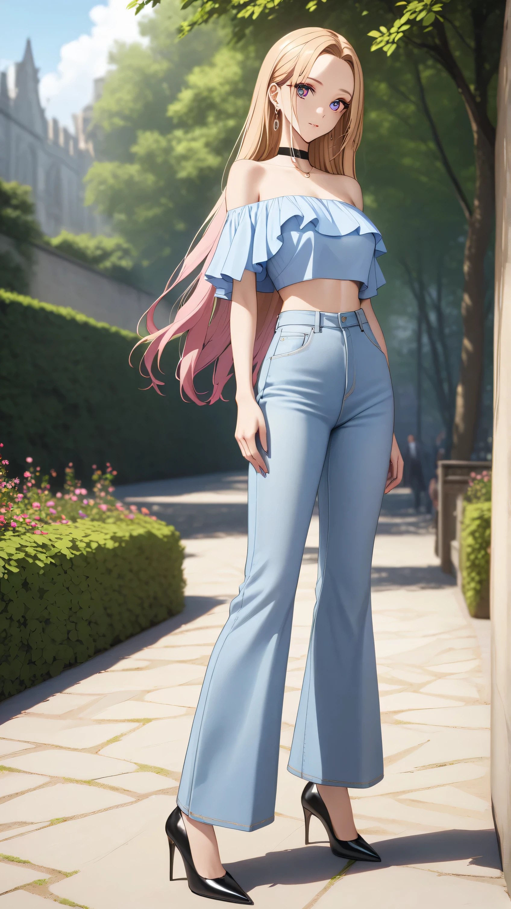 KJOmarin, A youthful female with blue eyes and very long blonde straight hair with perfect body:1.1 and large is standing and, pink eyes, earrings, ear piercing, multicolored hair, She is wearing a light blue flared bellbottom jeans and white off-the-shoulder croptop with black heels. Outdoor setting. Fashion photography. Looking at viewer in relief. (Best quality. Masterpiece:1.3. 16K. Detailed. Ultra high resolution). Soft natural lighting. Highly detailed face and skin texture. Detailed eyes. (Deep focus). Full body picture:1.0. Forehead.