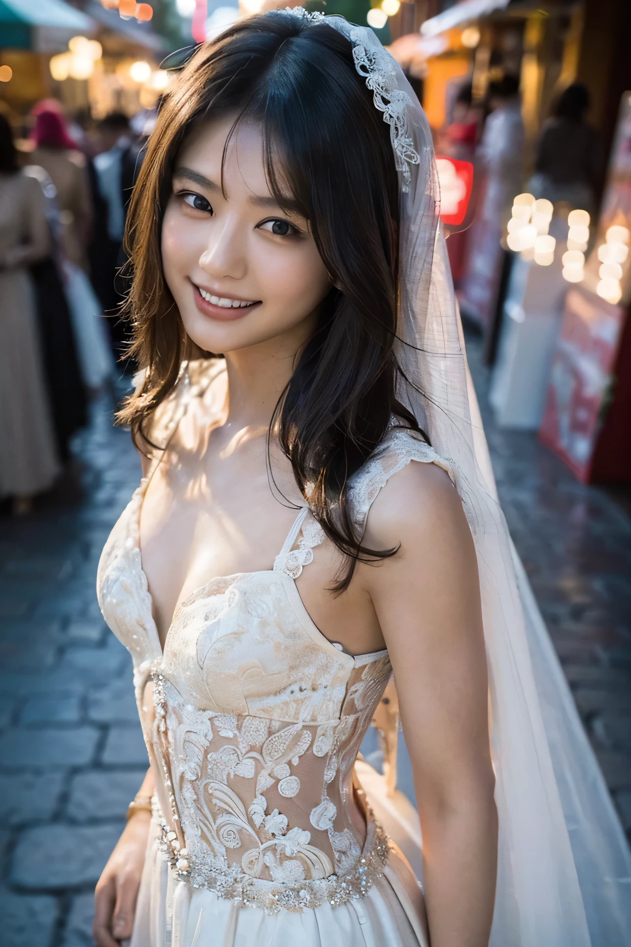 (Night: 1.10), Street, ((1 person only image))), (Realistic, Photorealistic: 1.37), (Masterpiece, Best Quality: 1.2), (Ultra High Definition: 1.2), (RAW Photo: 1.2), (Sharp Focus: 1.3), (Face Focus: 1.2), (Ultra Detailed CG Unified 8k Wallpaper: 1.2), (Beautiful Skin: 1.2), (Pale Skin: 1.3), ( Hyper Sharp Focus: 1.5), (Ultra Sharp Focus: 1.5), (Beautiful pretty face: 1.3), (Ultra detailed background, Detailed background: 1.3), Bokeh, depth of field, Break, Very cute and beautiful photo of Japan woman, (Bride), professional attire, (19 years old: 1.10), portrait of a girl with a bright smile, full body image, When viewed from the front, the composition is symmetrical, (Studio lighting(1.3), (Cinematic Light: 1.3), (Backlight: 1.3), (Face Light: 1.3), Lighting covering the whole body, looking straight at you, standing, sexy model pose, Blake, (chestnut half up hair: 1.2), dark brown eyes, beautiful eyes, princess eyes, mahogany hair, single hair, bangs, slender, abs, (huge breasts; 1.35), (Thin Waist: 1.15), (Detailed Beautiful Girl: 1.4), (Luxurious Lace Wedding Dress: 1.3), (Park Background: 1.2), (Sad Look: 1.1), (Perfect Female Body)), (Upper Body Image: 1.3), Head Frame, Perfect Dramatic, Stereoscopic Lighting, Professional Majestic Oil Painting, Shiny Skin, CT Anatomy, Perfect Proportions, 8.5 life-size, face focus, ultra-realistic photos, hyper-sharp images, hyper-detail images, (serious situations, dynamic poses: 1.3),